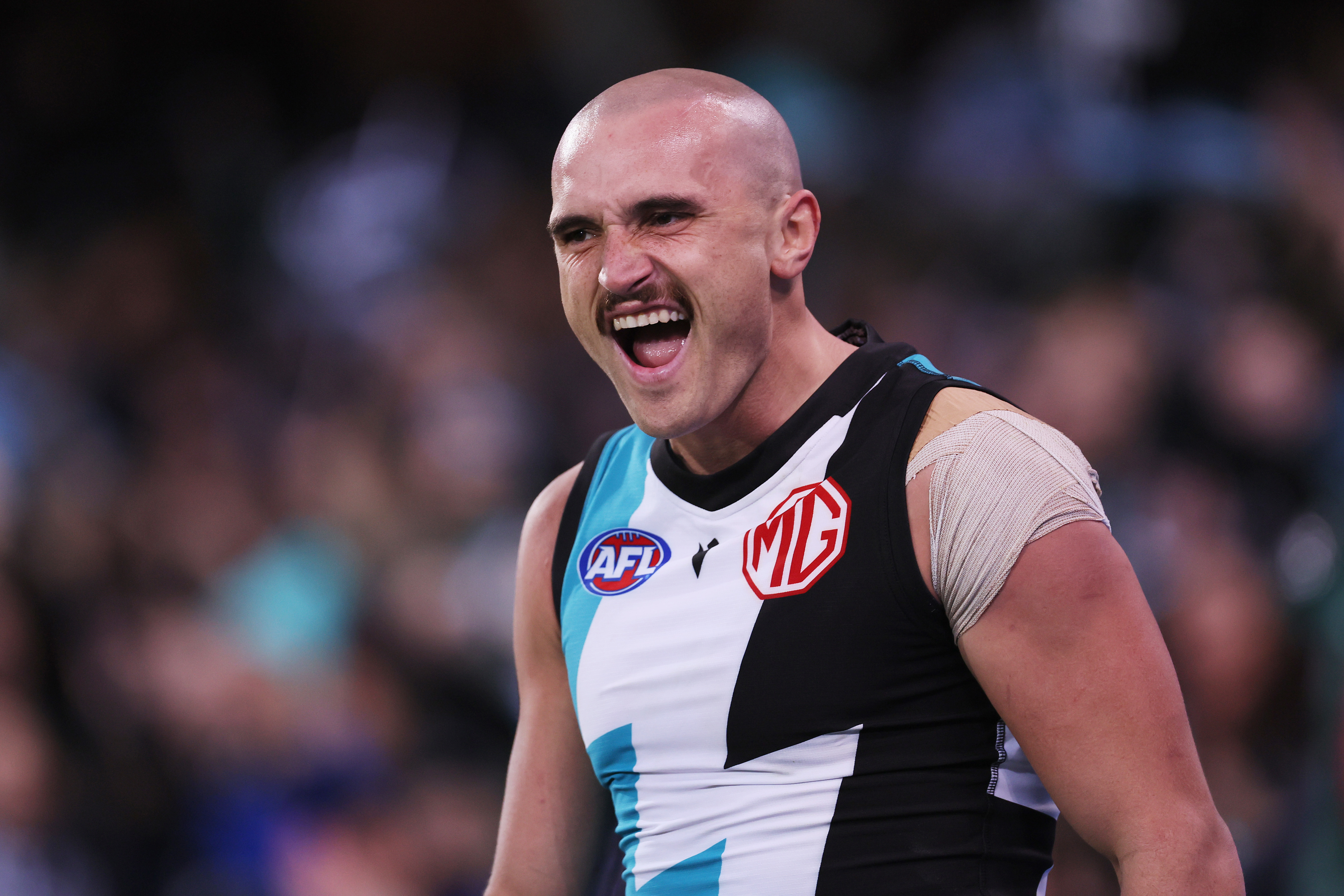 ADELAIDE, AUSTRALIA - AUGUST 13: Sam Powell-Pepper of the Power celebrates a goal during the 2023 AFL Round 22 match between the Port Adelaide Power and the GWS GIANTS at Adelaide Oval on August 13, 2023 in Adelaide, Australia. (Photo by James Elsby/AFL Photos via Getty Images)