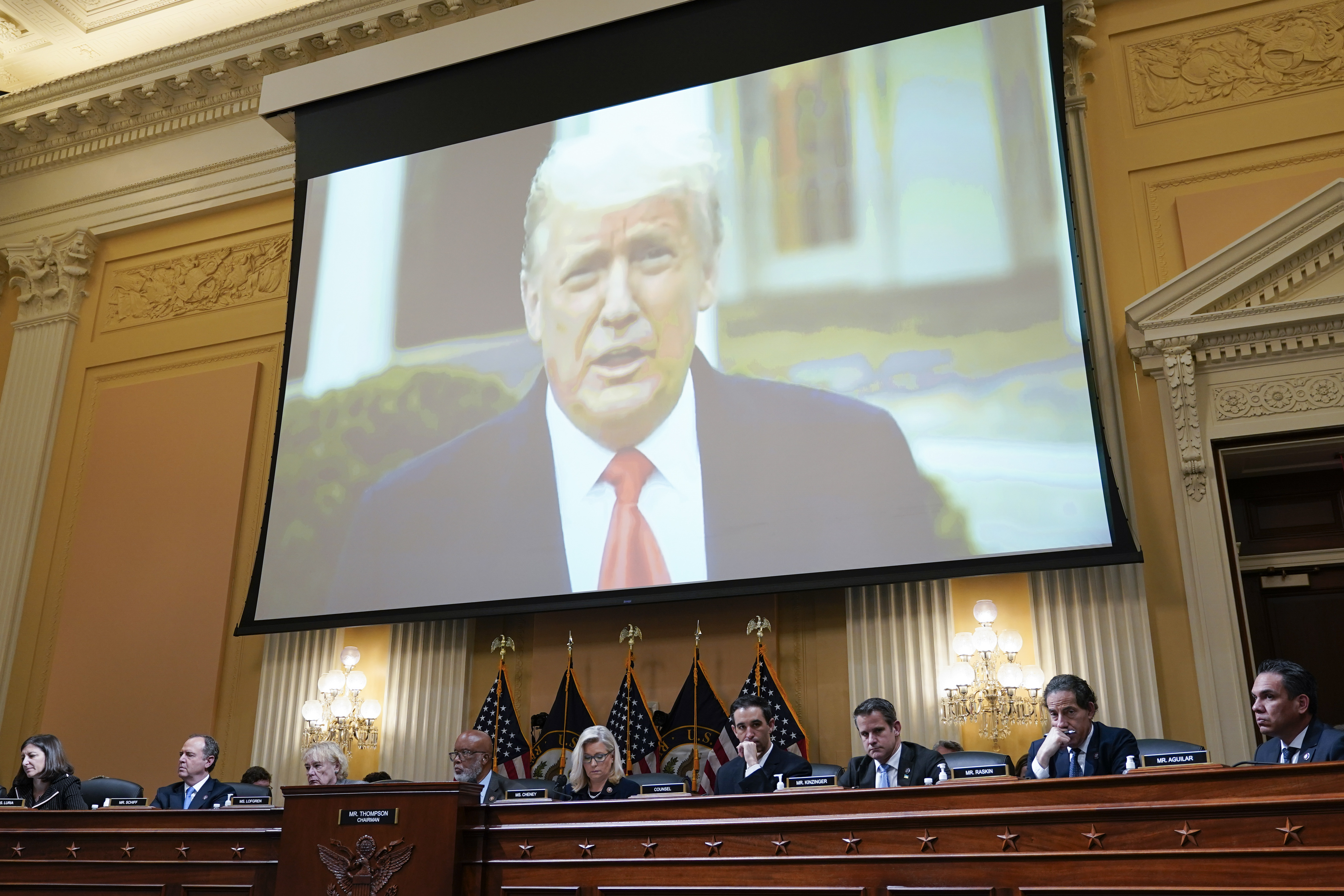 A video of former President Donald Trump is played as the House select committee investigating the Jan. 6 attack on the U.S. Capitol holds a hearing at the Capitol in Washington, Tuesday, June 28, 2022. (AP Photo/J. Scott Applewhite)