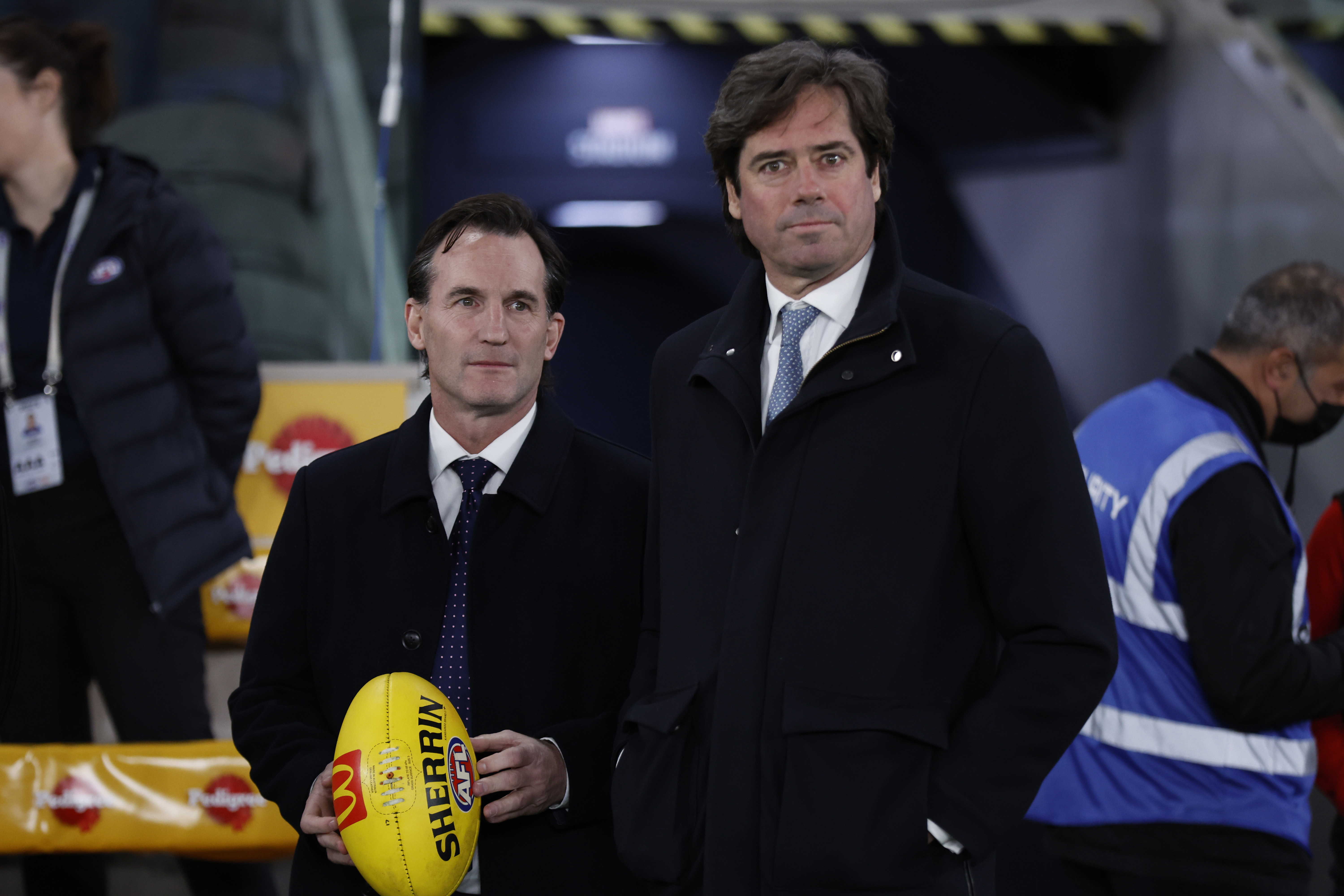 MELBOURNE, AUSTRALIA - JULY 07: Andrew Dillon and AFL CEO Gillon McLachlan are seen after the round 17 AFL match between Western Bulldogs and Collingwood Magpies at Marvel Stadium, on July 07, 2023, in Melbourne, Australia. (Photo by Darrian Traynor/Getty Images)