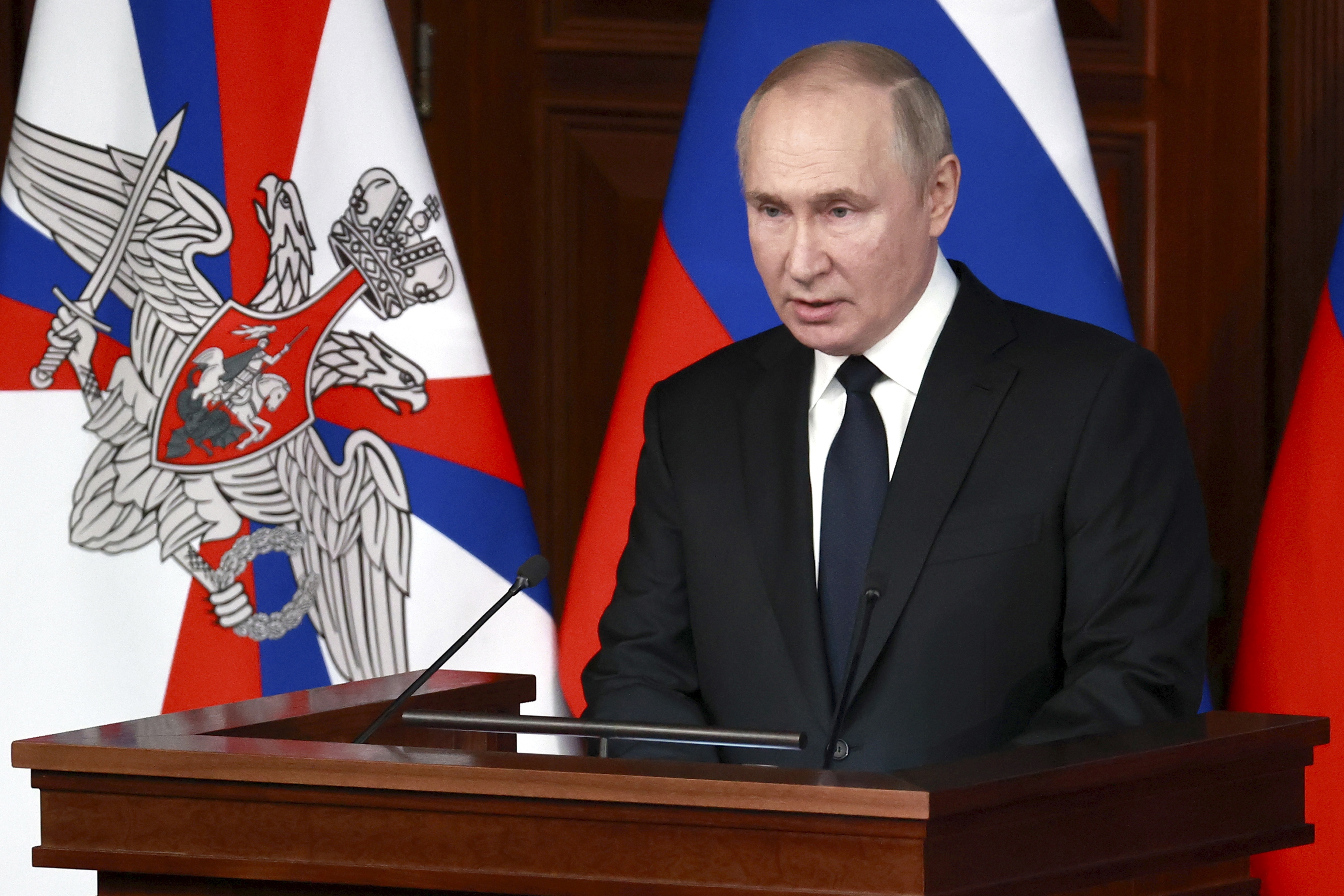 Russian President Vladimir Putin speaks during a meeting with senior military officers in Moscow, Russia, Wednesday, Dec. 21, 2022.  