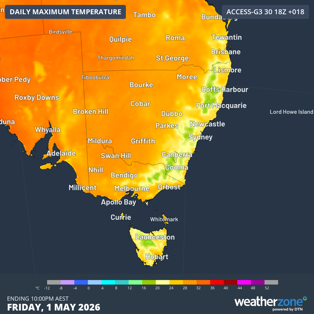 The maximum daily temperature for parts of south-east Australia hit the mid-to-high 20s on Friday.