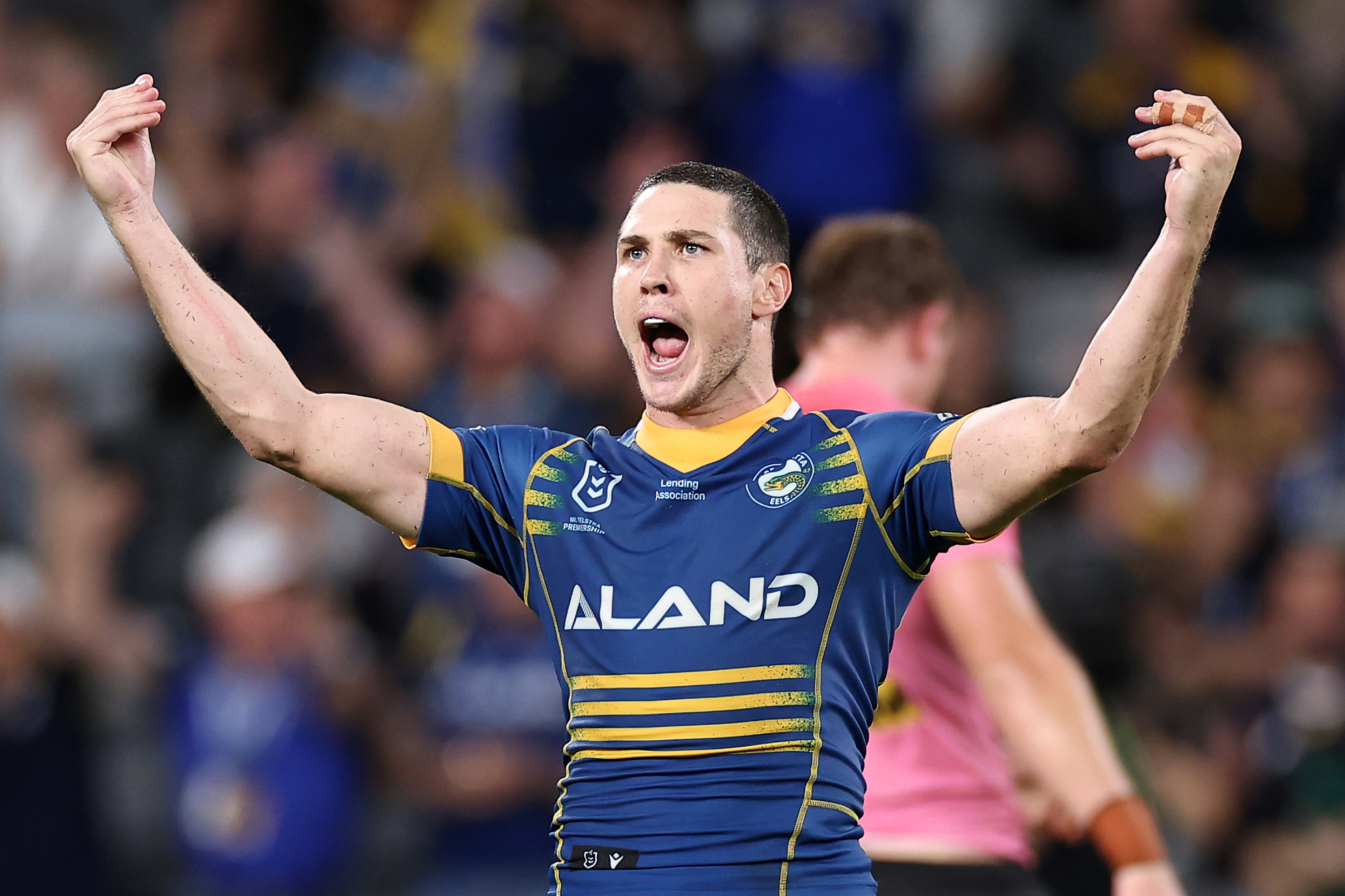 Mitchell Moses of the Eels celebrates after kicking a field-goal in extra time to beat the Panthers.