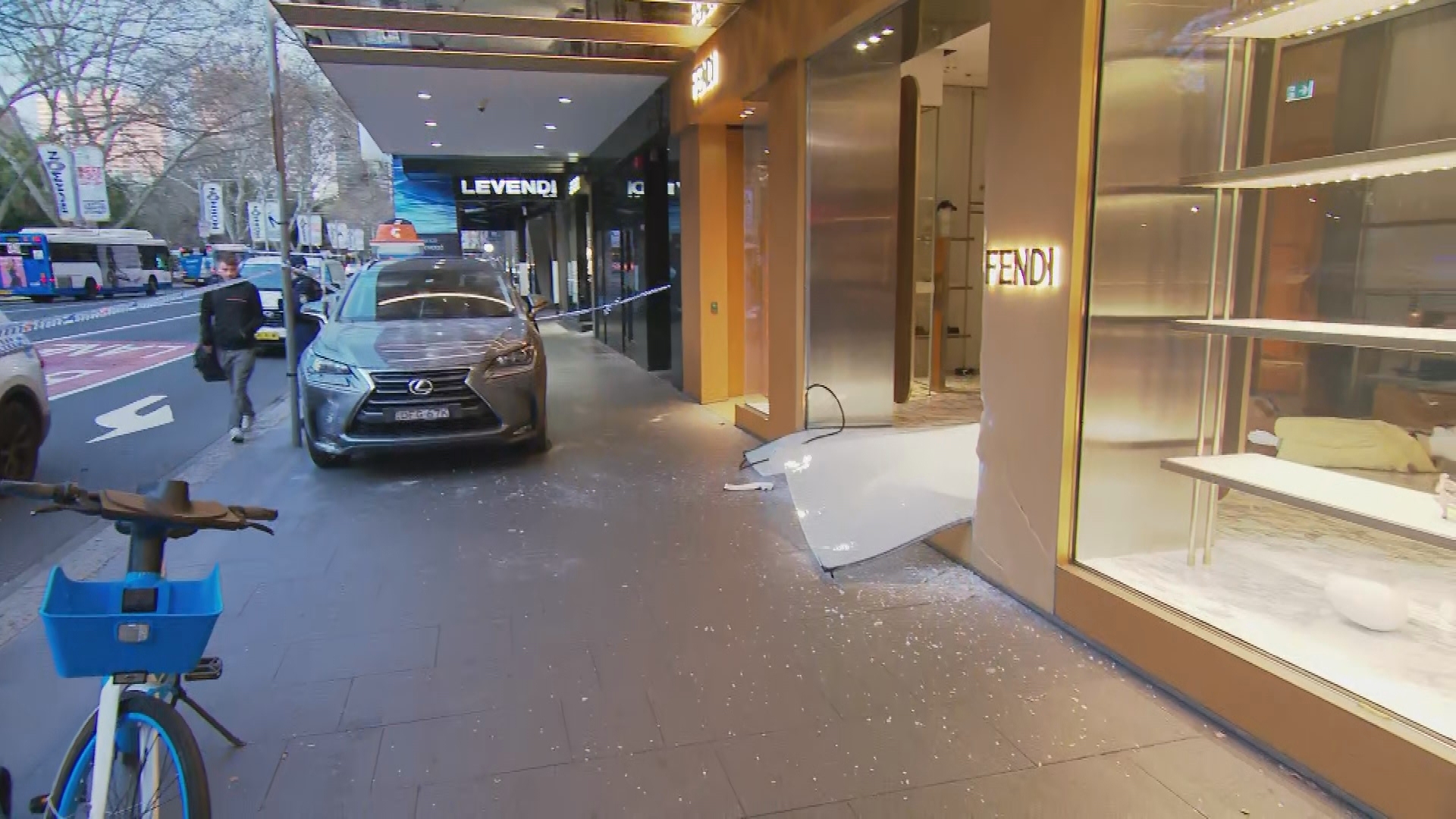 An SUV drove through the window of the Fendi store at the intersection of Elizabeth and Market Street at 3.45am today.