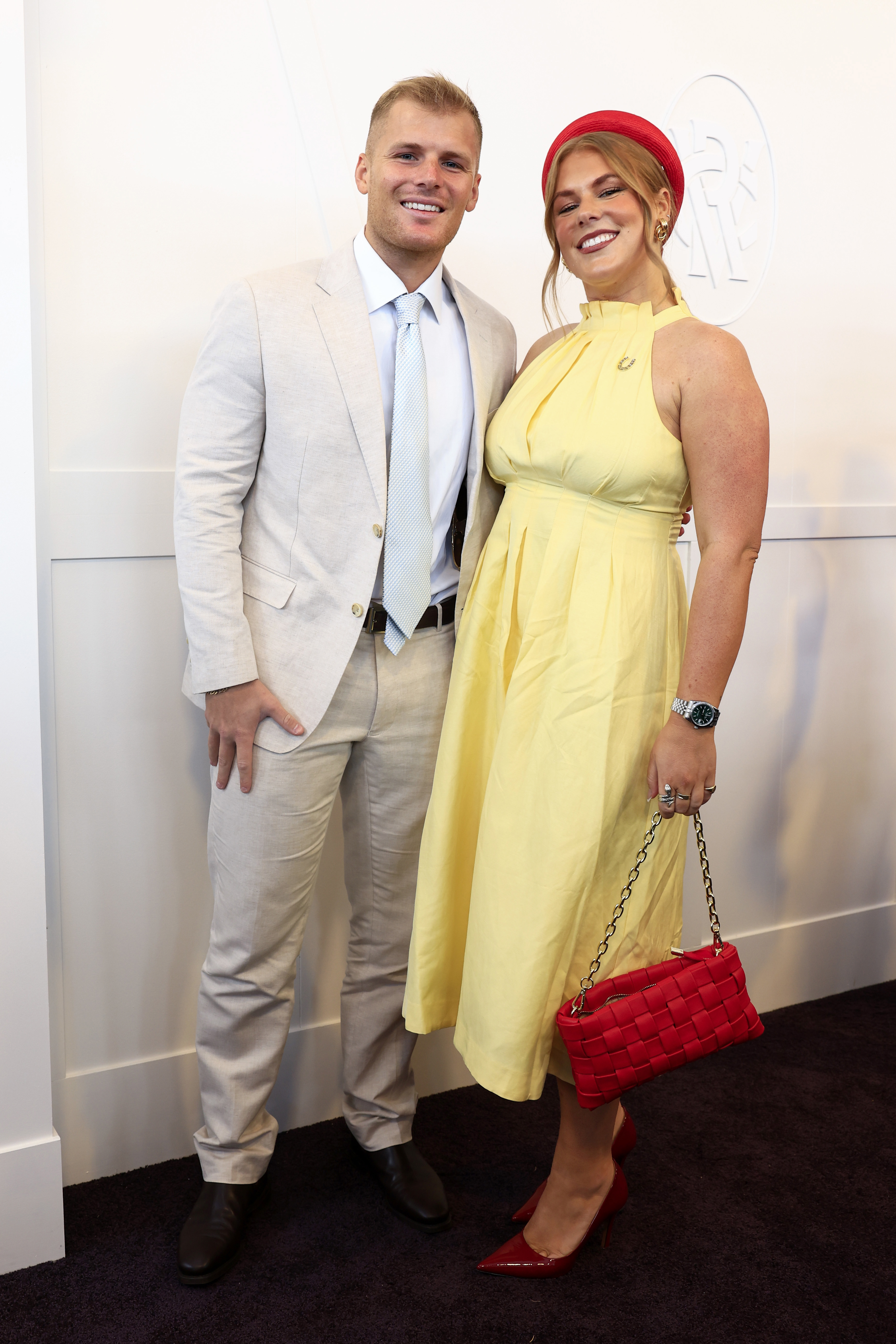 MELBOURNE, AUSTRALIA - NOVEMBER 04: Jackson Warne and Brooke Warne pose for a photo during 2025 Melbourne Cup Day at Flemington Racecourse on November 04, 2025 in Melbourne, Australia. (Photo by Sam Tabone/Getty Images)