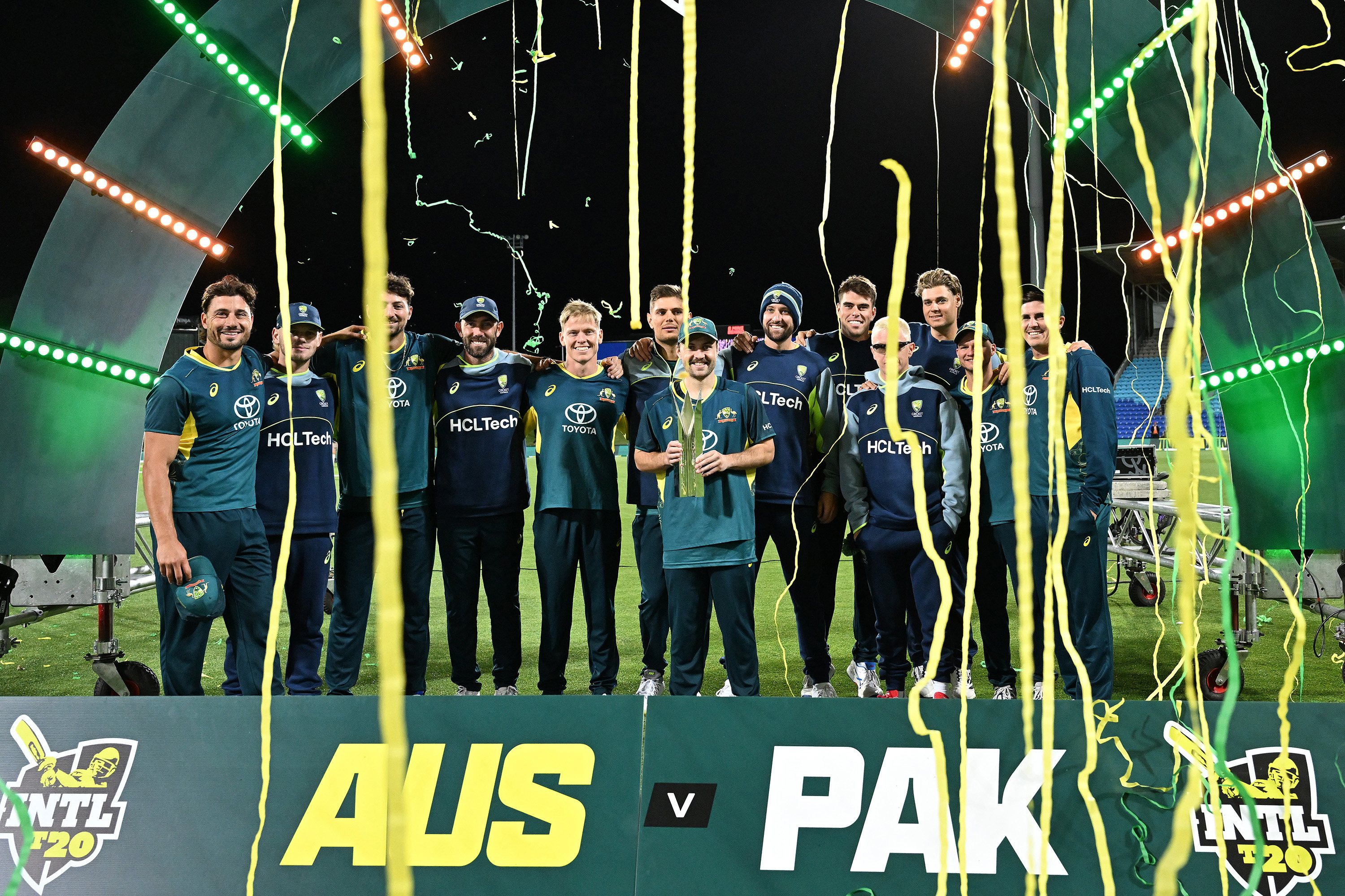 Australia celebrates winning the series after game three of the Men's T20 International series against Pakistan.