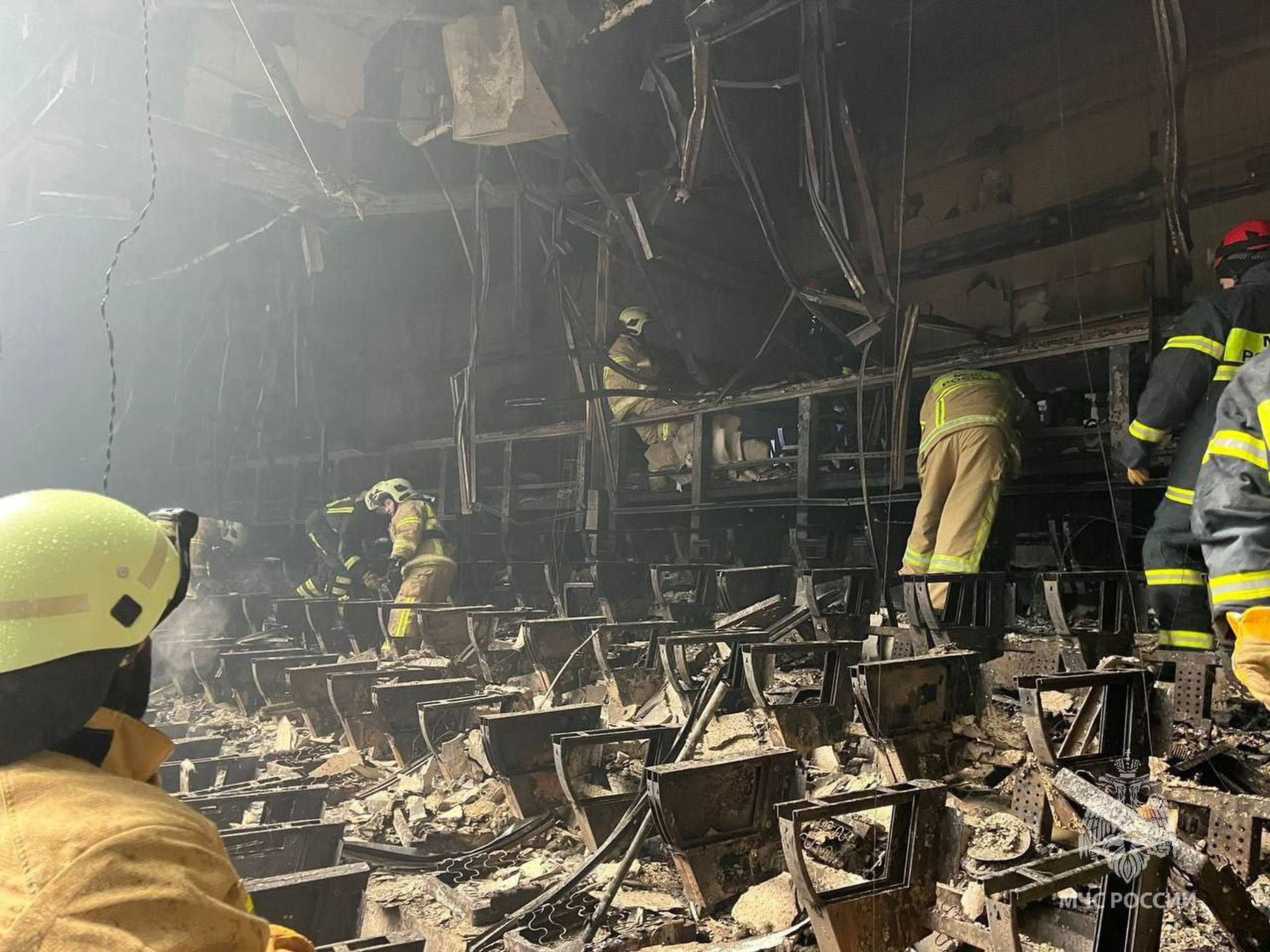 Rescuers work inside the Crocus City Hall in Moscow, Russia, Saturday on March 23, 2024