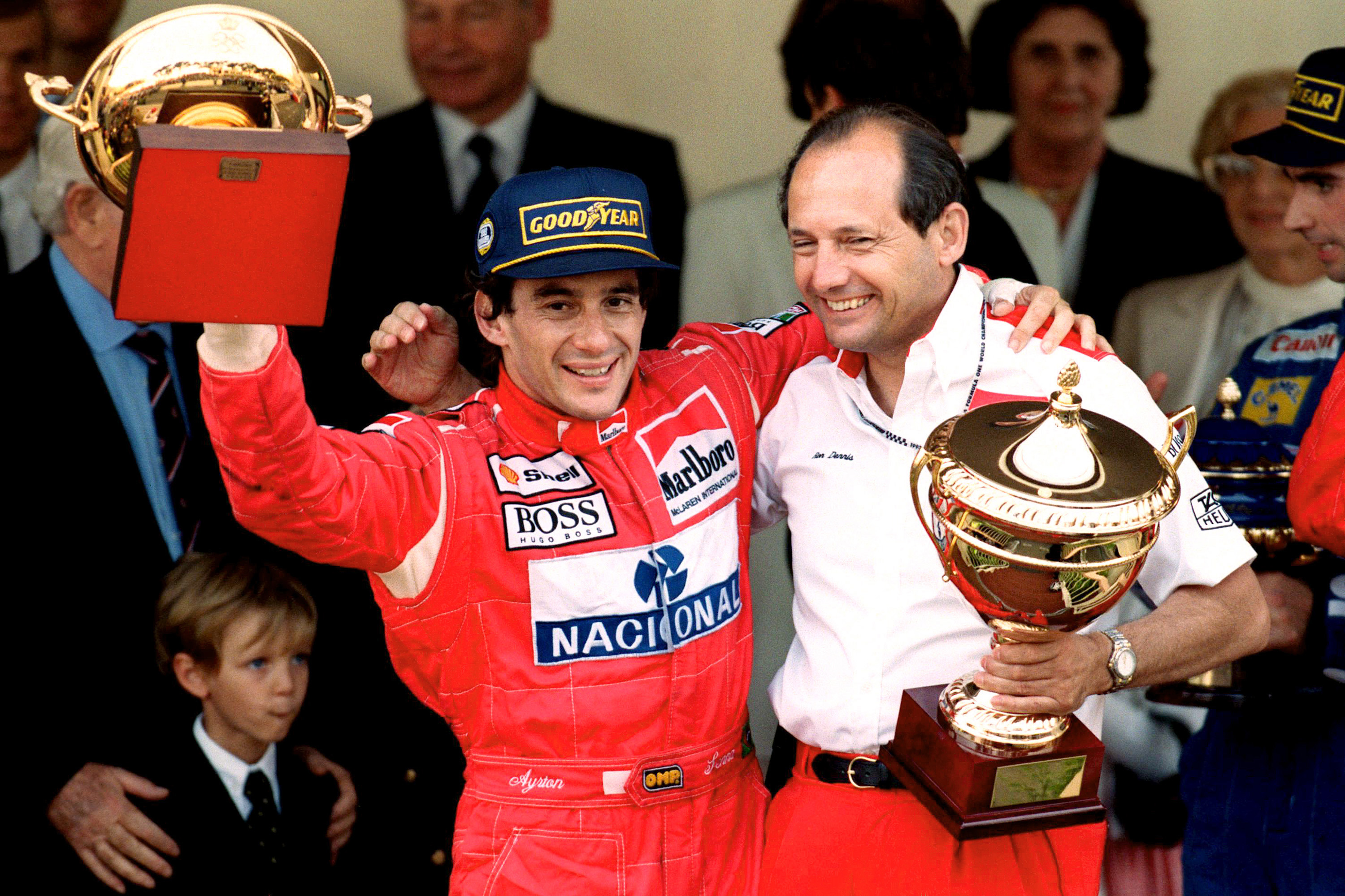 Ayrton Senna and McLaren team boss Ron Dennis celebrate victory in the 1993 Monaco Grand Prix. (Photo by Steve Etherington/EMPICS via Getty Images)