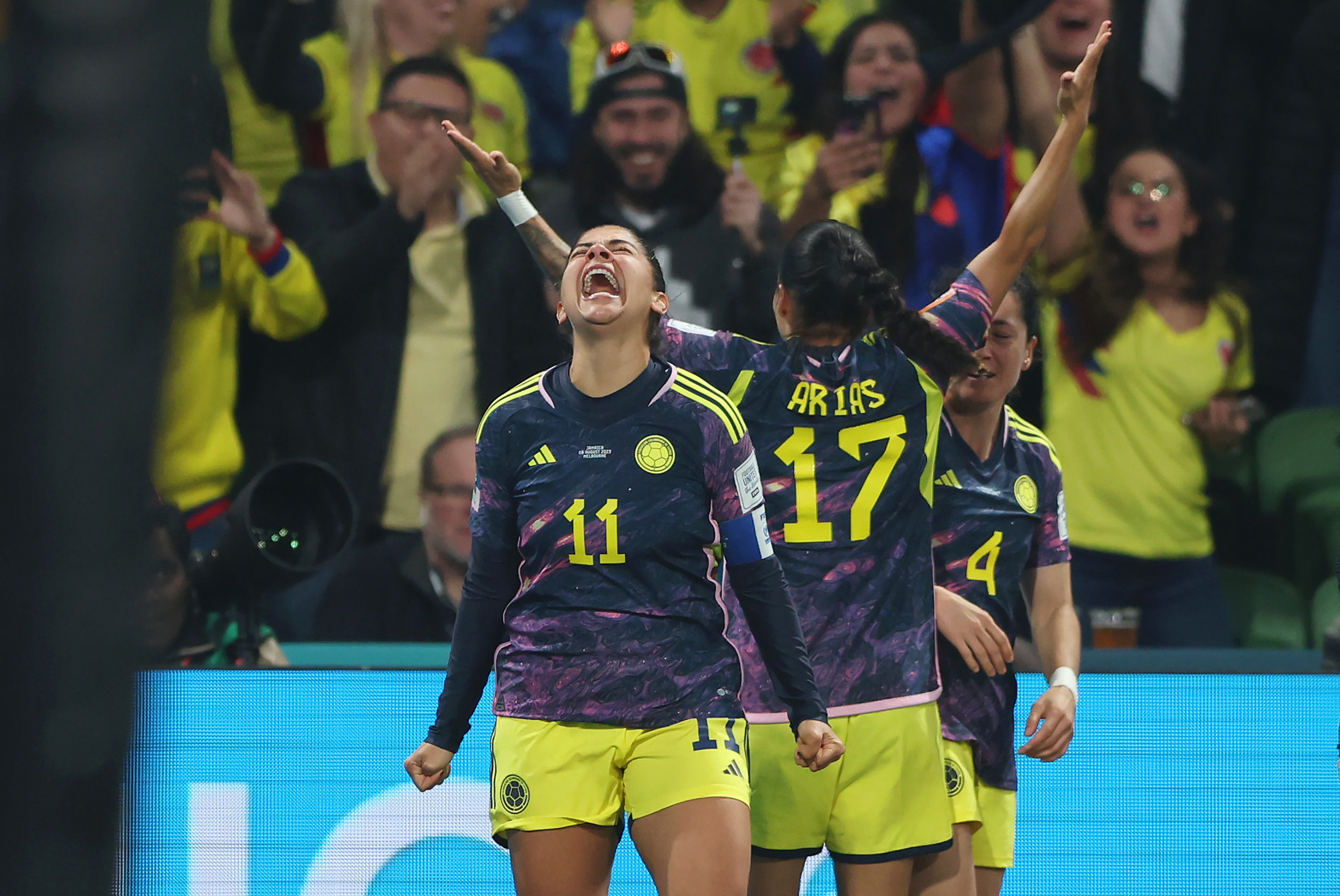 Catalina Usme celebrates after scoring the only goal of Colombia's round of 16 victory over Jamaica.