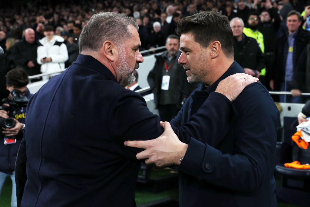 Ange Postecoglou, Manager of Tottenham Hotspur, (L) and Mauricio Pochettino, Manager of Chelsea.