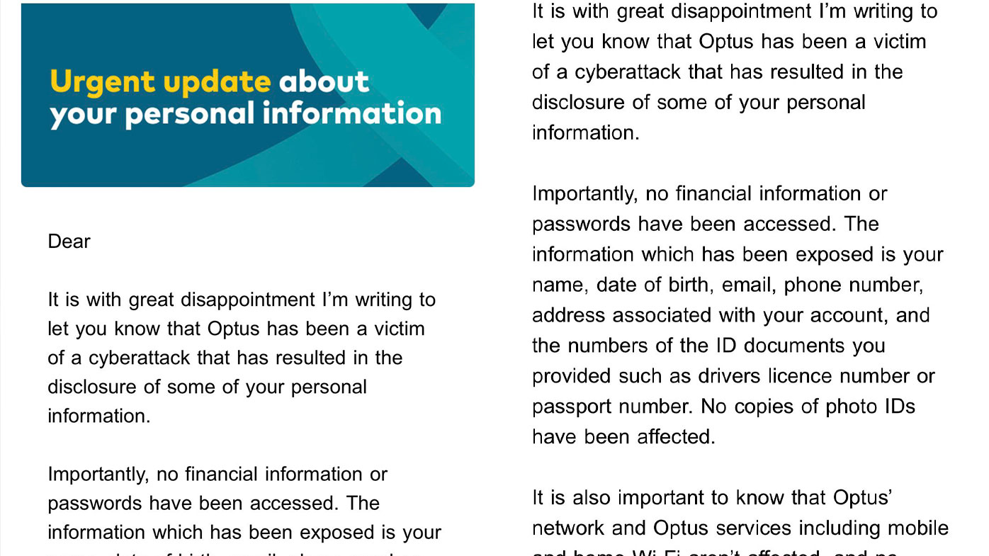 Email to customer about the Optus cyberattack.