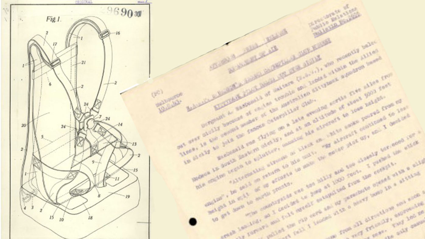 Sergeant Alexander MacDonald's account of bailing from his plane in 1943 (left) with a patent application for an improved parachute harness. (NAA: A627, 29690/1930)