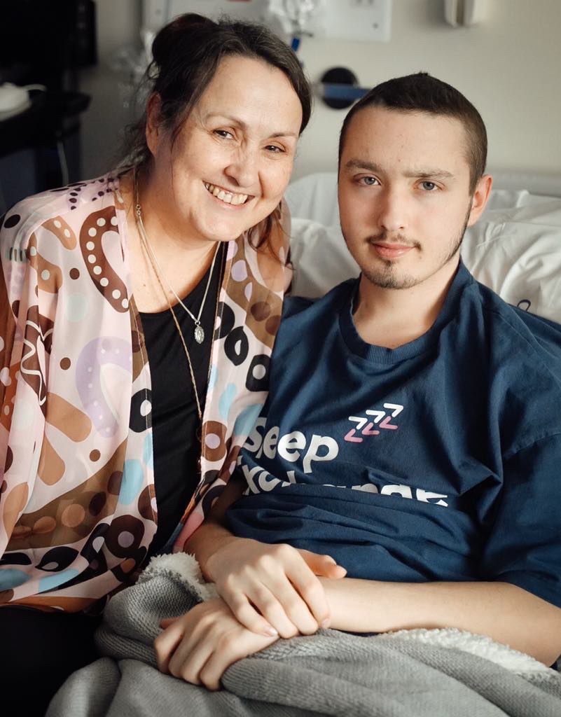 Brandan with his mum during cancer treatment.