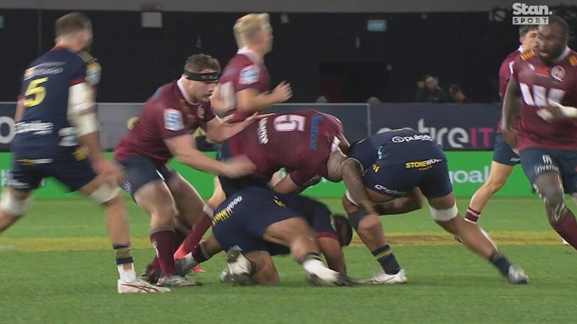 Connor Vest's neck bends after contact with Shannon Frizell in round 14 of Super Rugby Pacific in Christchurch.