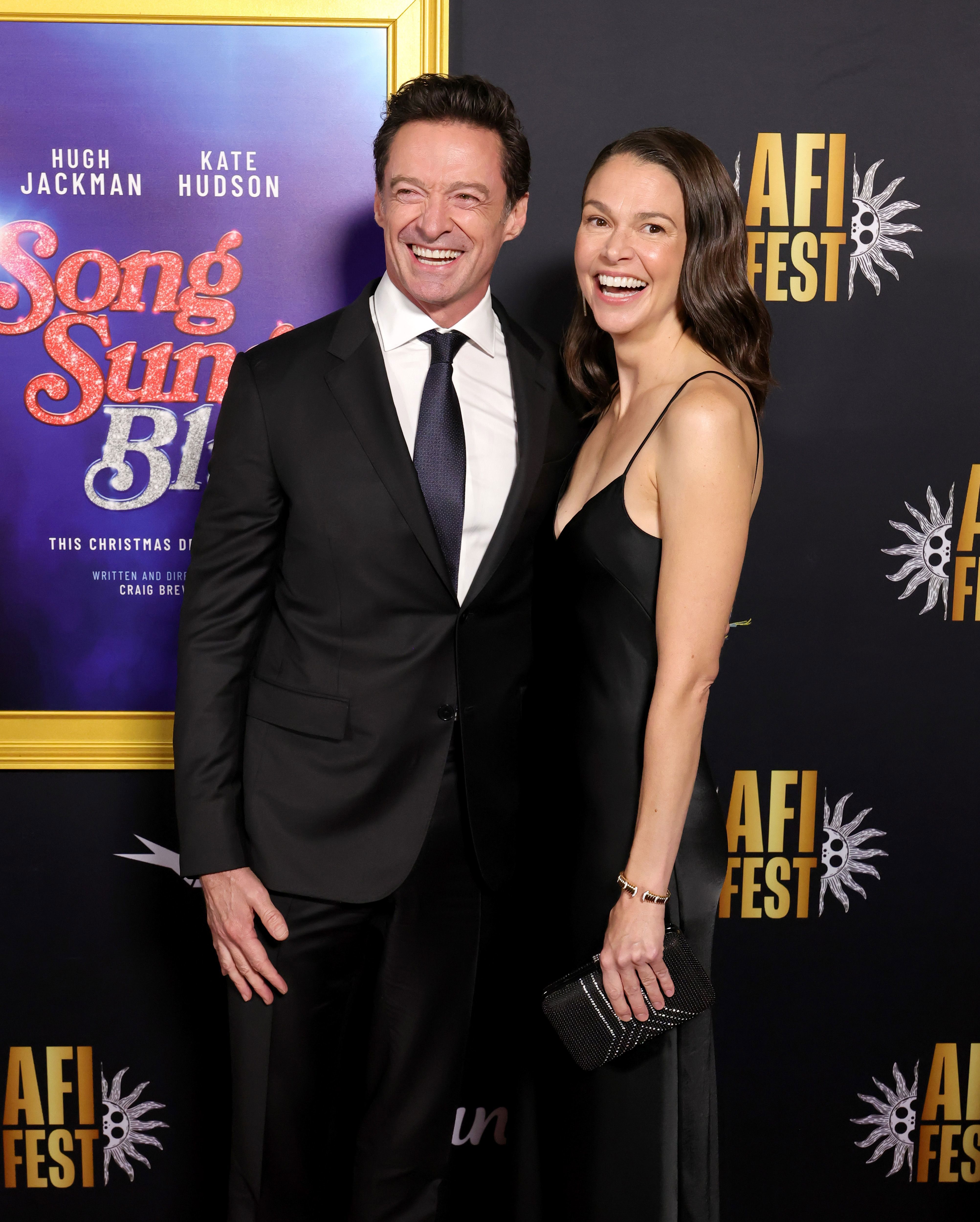 Hugh Jackman and Sutton Foster attend closing night gala premiere of Song Sung Blue during 2025 AFI FEST at TCL Chinese 6 Theatres on October 26, 2025 in Hollywood, California. 