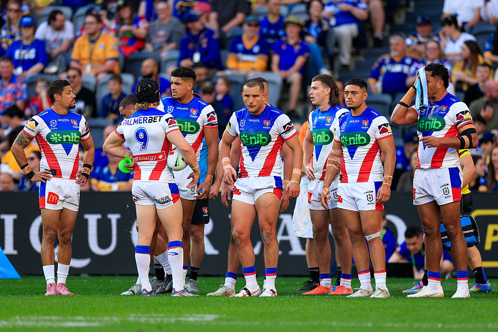 Knights players look on after a Mitchell Moses of the Eels try.