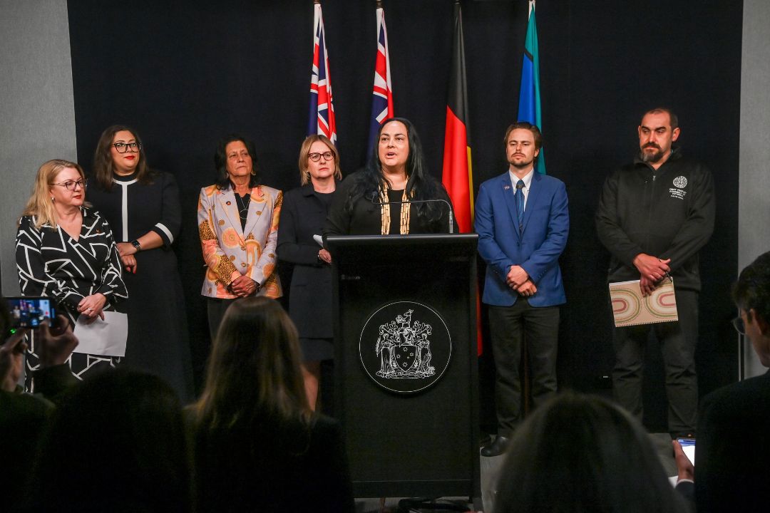 The Age, News, 09/09/2025, photo by Justin McManus. The treaty legislation is being introduced into state parliament on Tuesday. Premier Jacinta Allan and Minister for Aboriginal Affairs Natalie Hutchins with First Peoples' Assembly co-chairs Ngarra Murray and Rueben Berg at a press conference to speak about the legislation. Co-Chair Ngarra Murray
