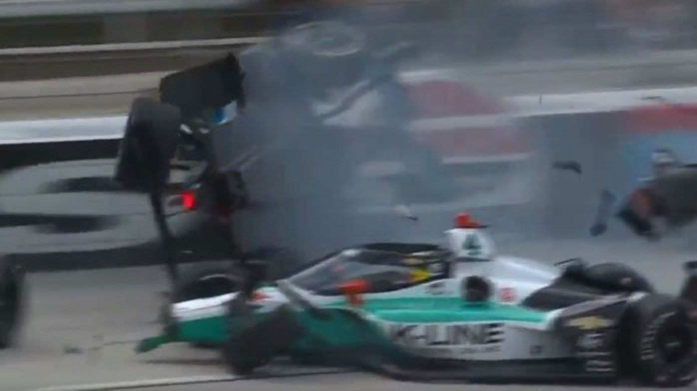 Conor Daly flies through the air after a huge crash at the start of the IndyCar race in Texas.