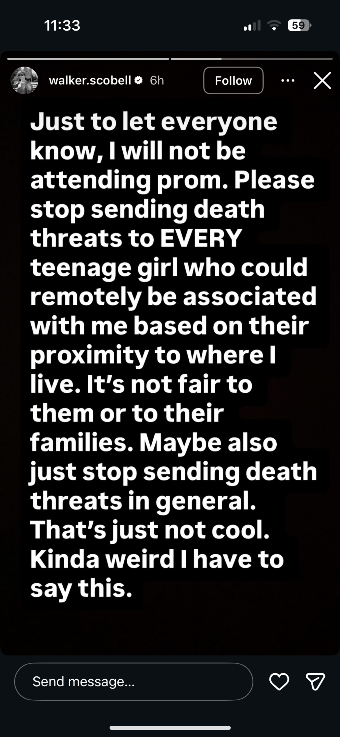 Walker Scobell won't attend prom over death threats