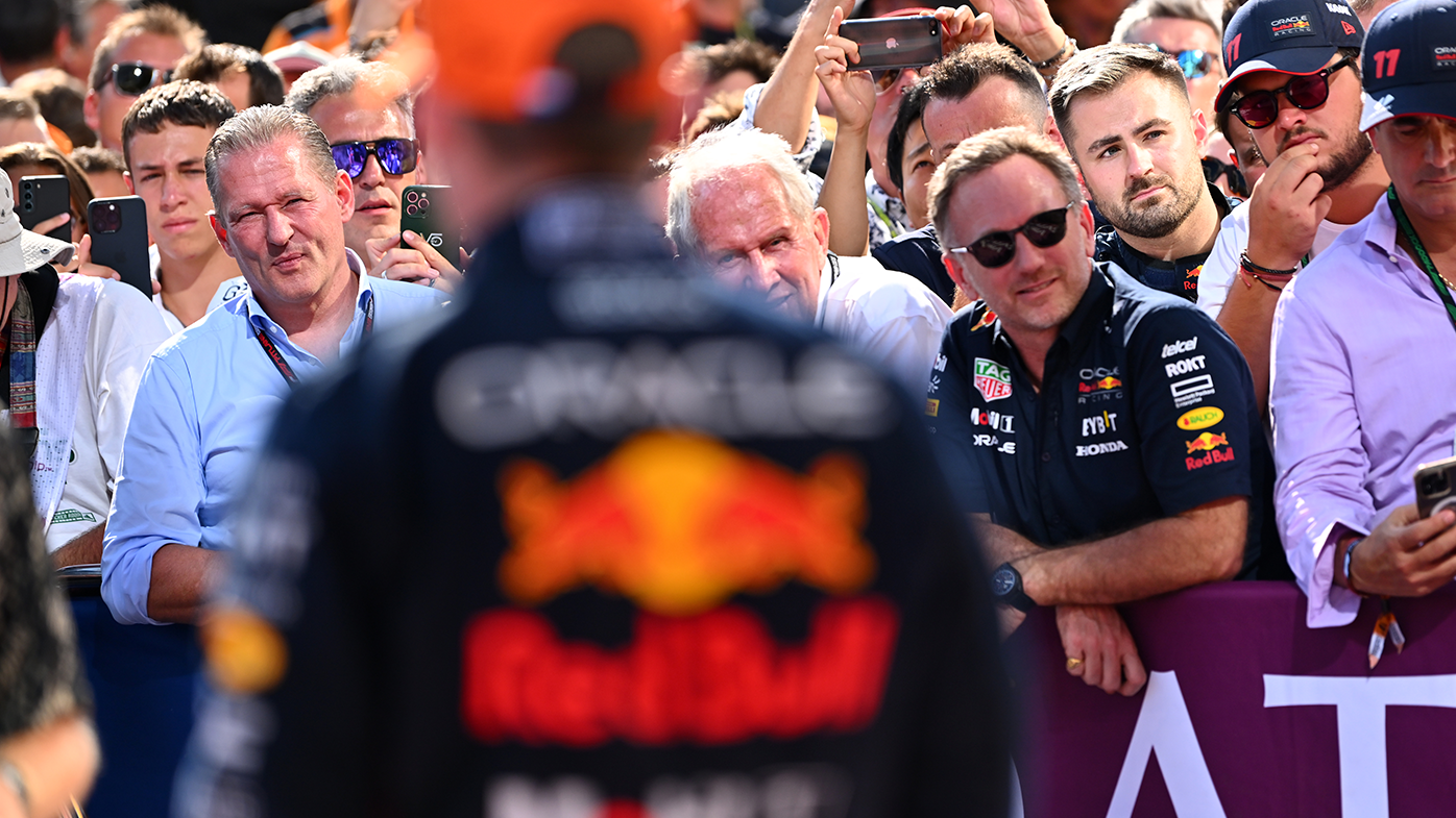 Jos Verstappen, Helmut Marko and Christian Horner watch race winner Max Verstappen.