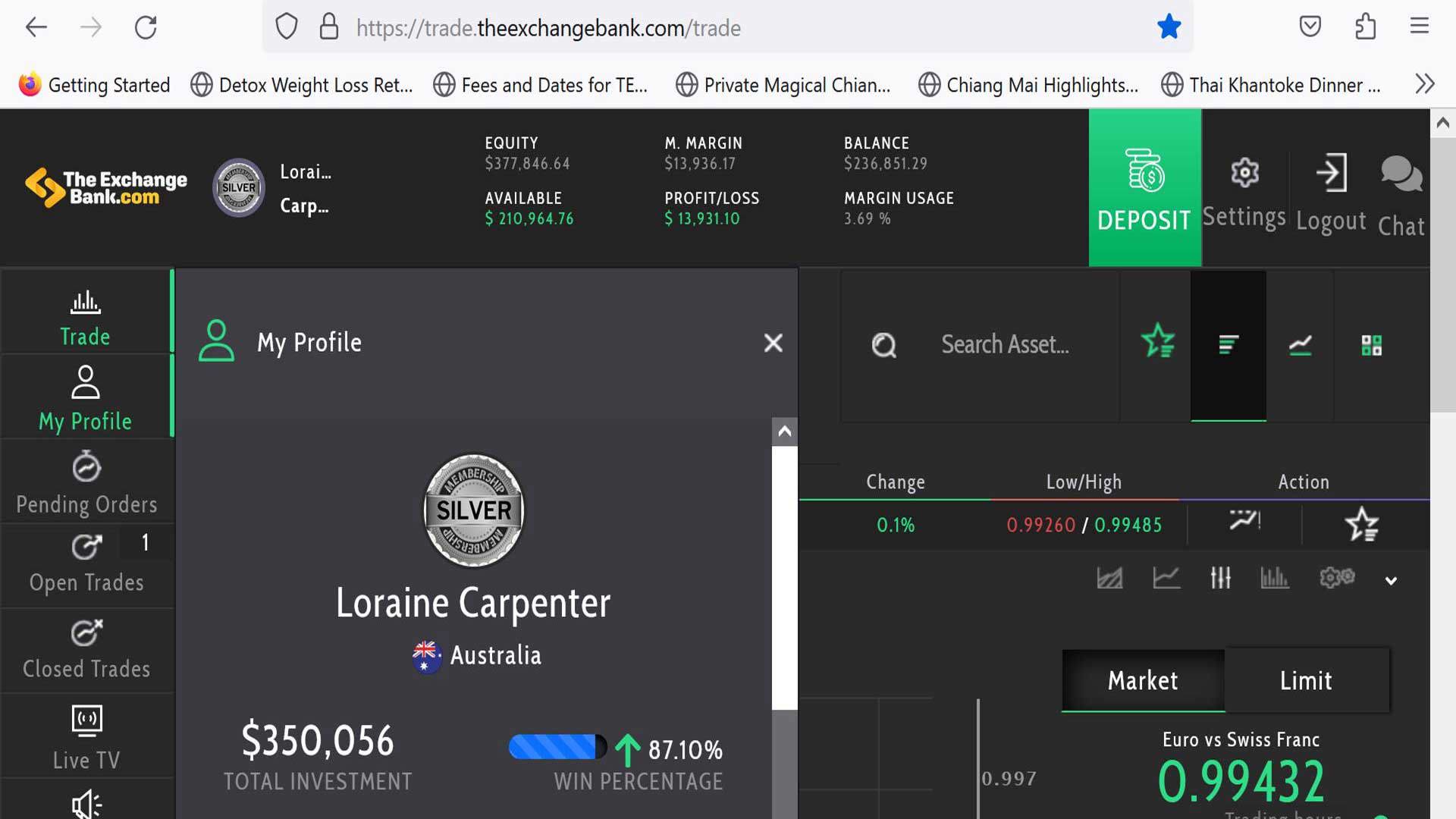 A screenshot of the fake online trading platform for the bogus 'Exchange Bank'.