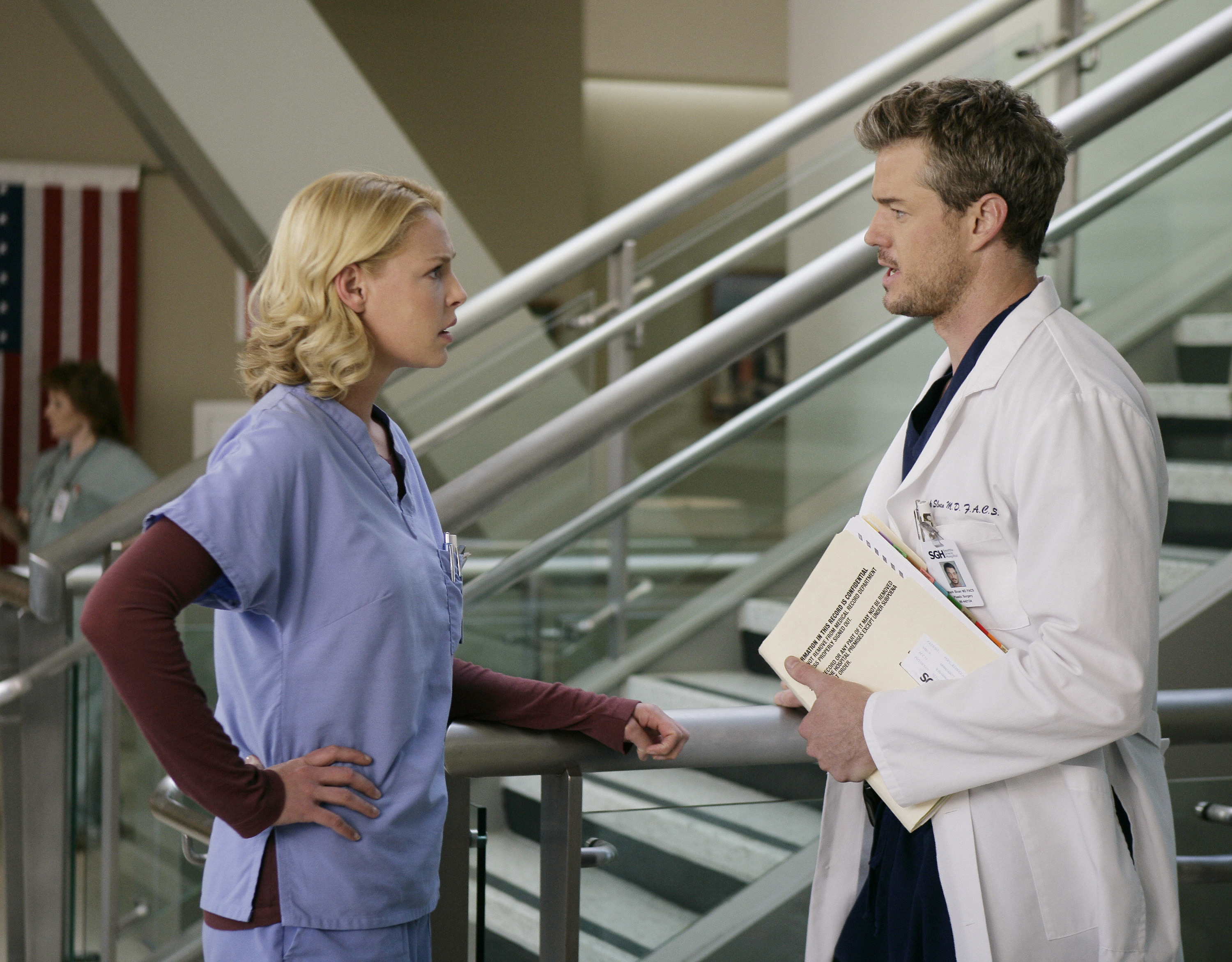 Katherine Heigl and Eric Dane in a scene from Grey's Anatomy in 2008.