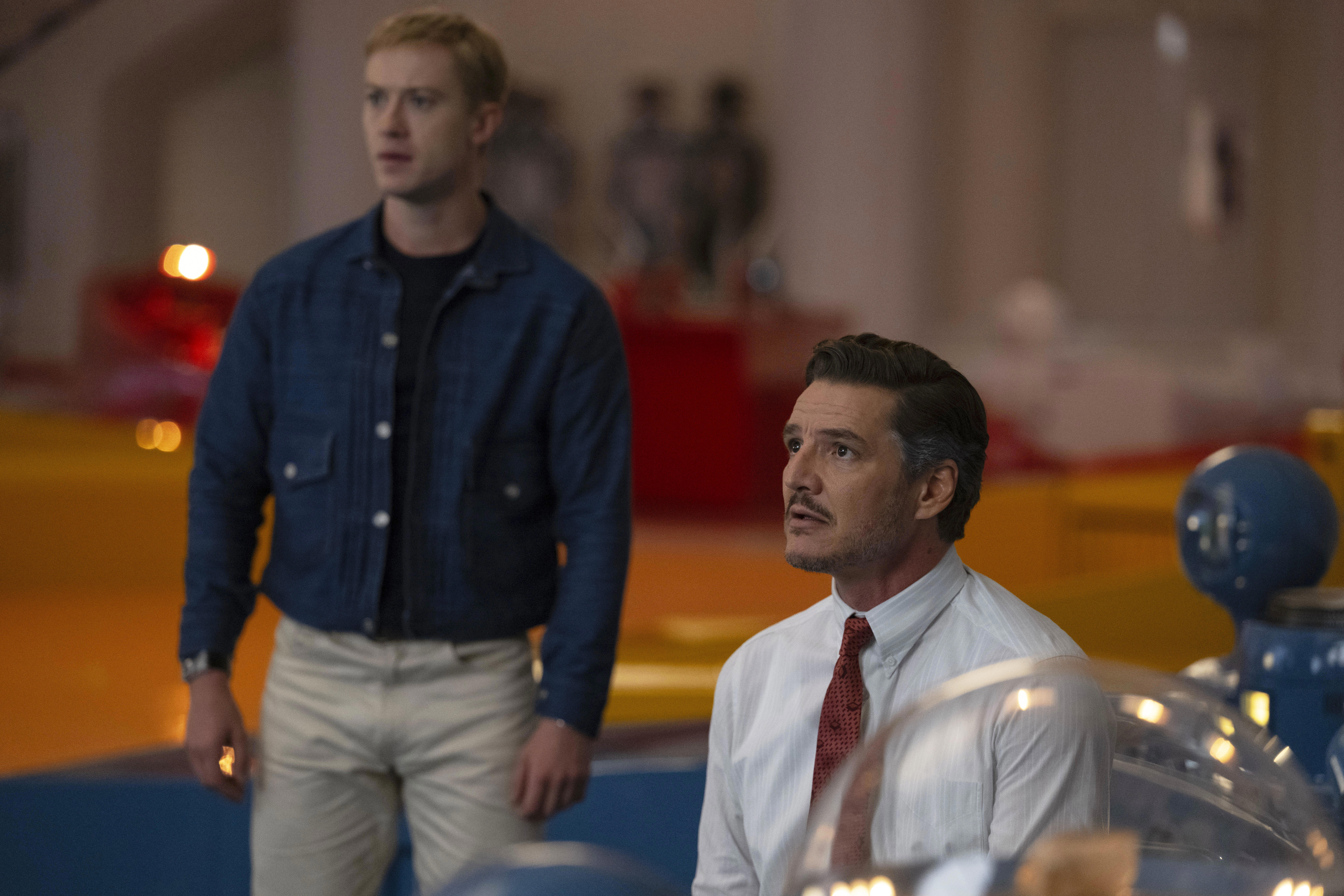 Joseph Quinn and Pedro Pascal in a scene from The Fantastic Four: First Steps.