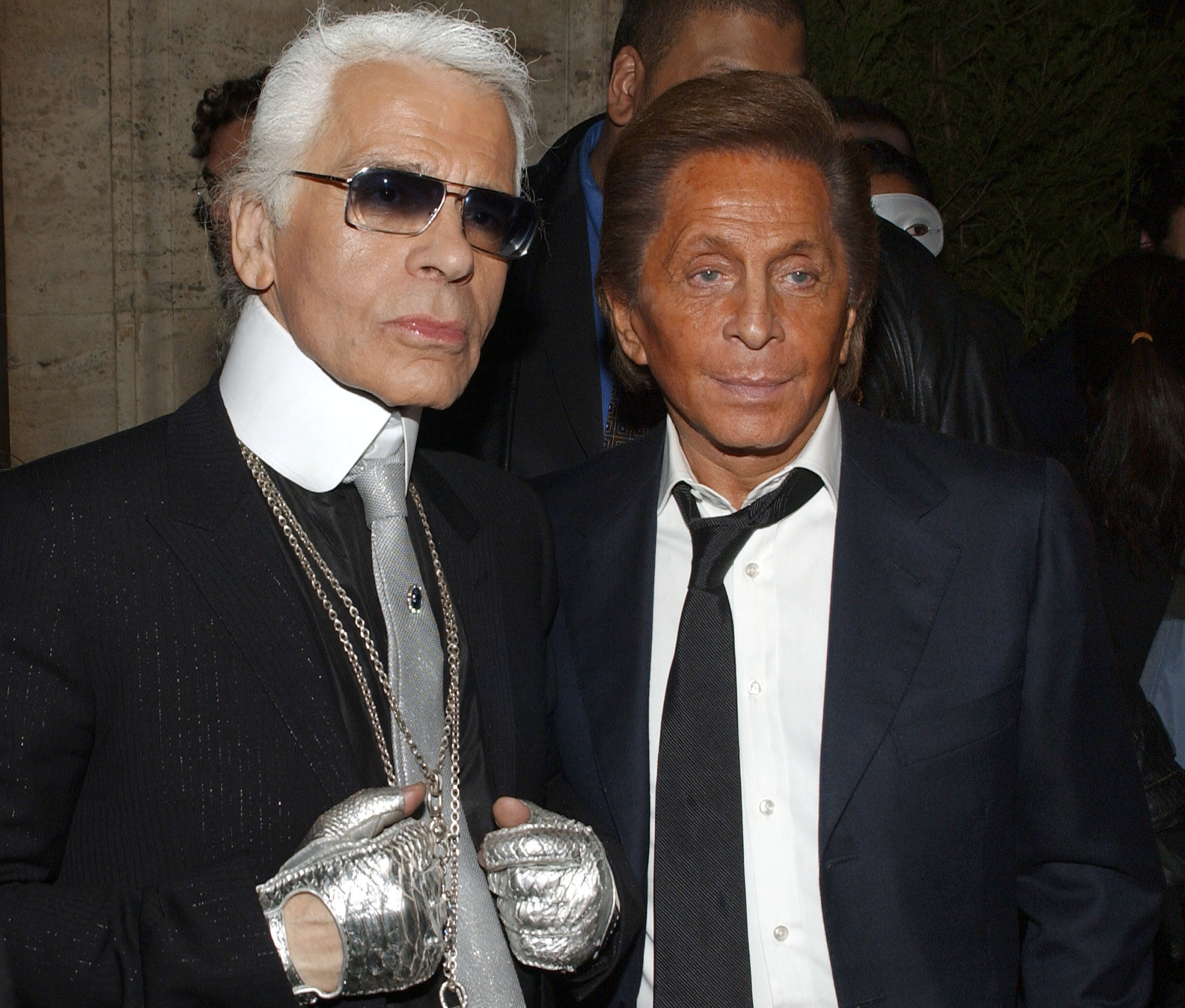 Fashion designer Karl Lagerfeld and fellow fashion designer Valentino 