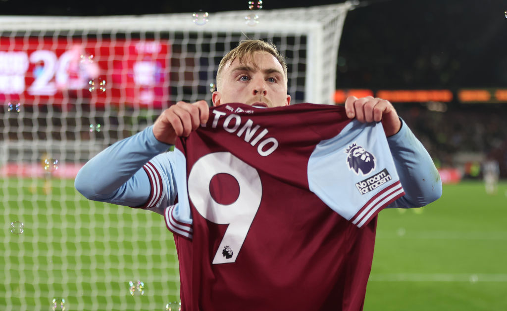 West Ham United's Jarrod Bowen lifts up Michail Antonio's shirt after scoring his side's second goal.