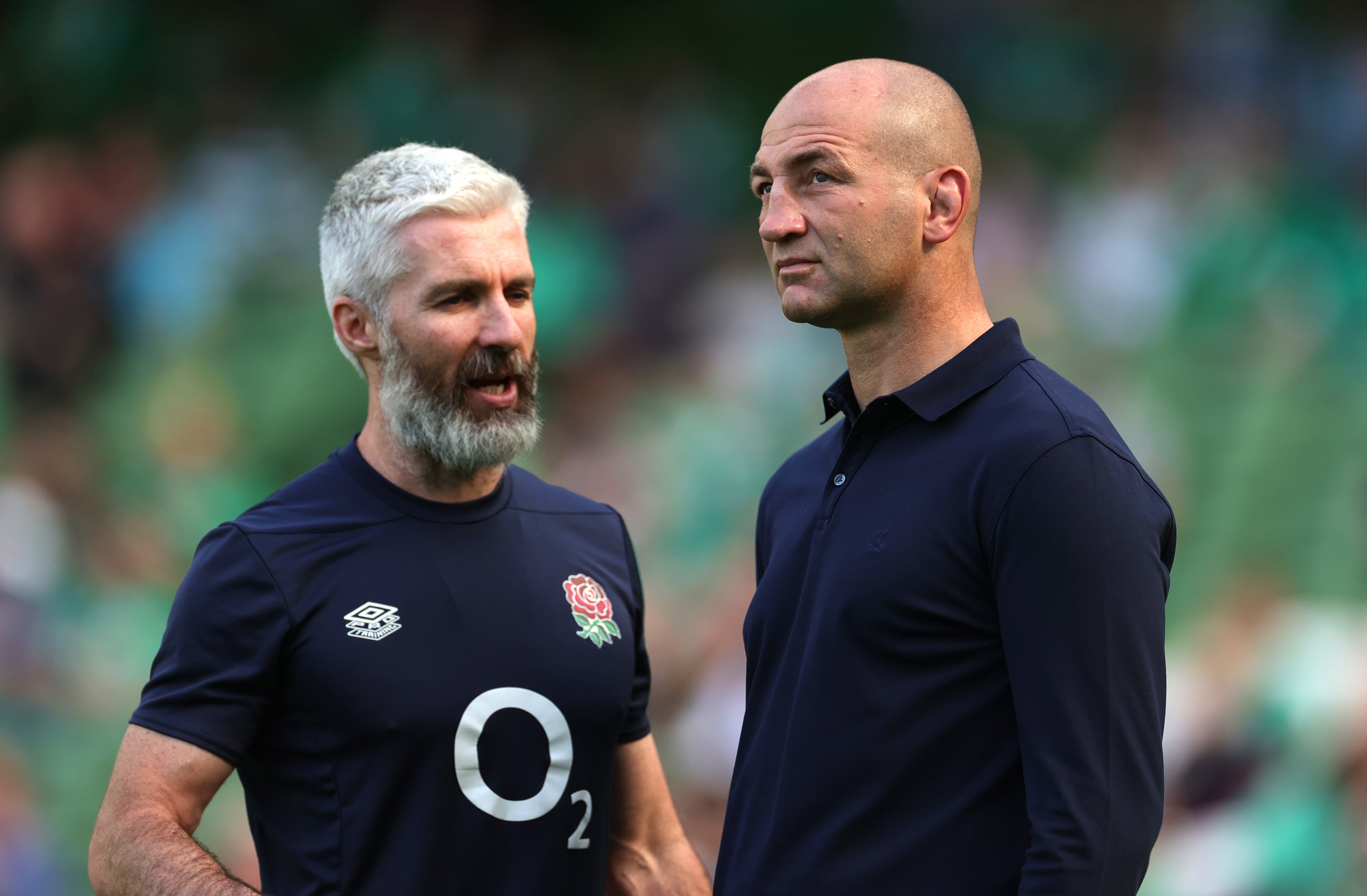 England head coach Steve Borthwick (right) talks to Aled Walters, the England strength and conditioning coach, during the Summer International match with Ireland.