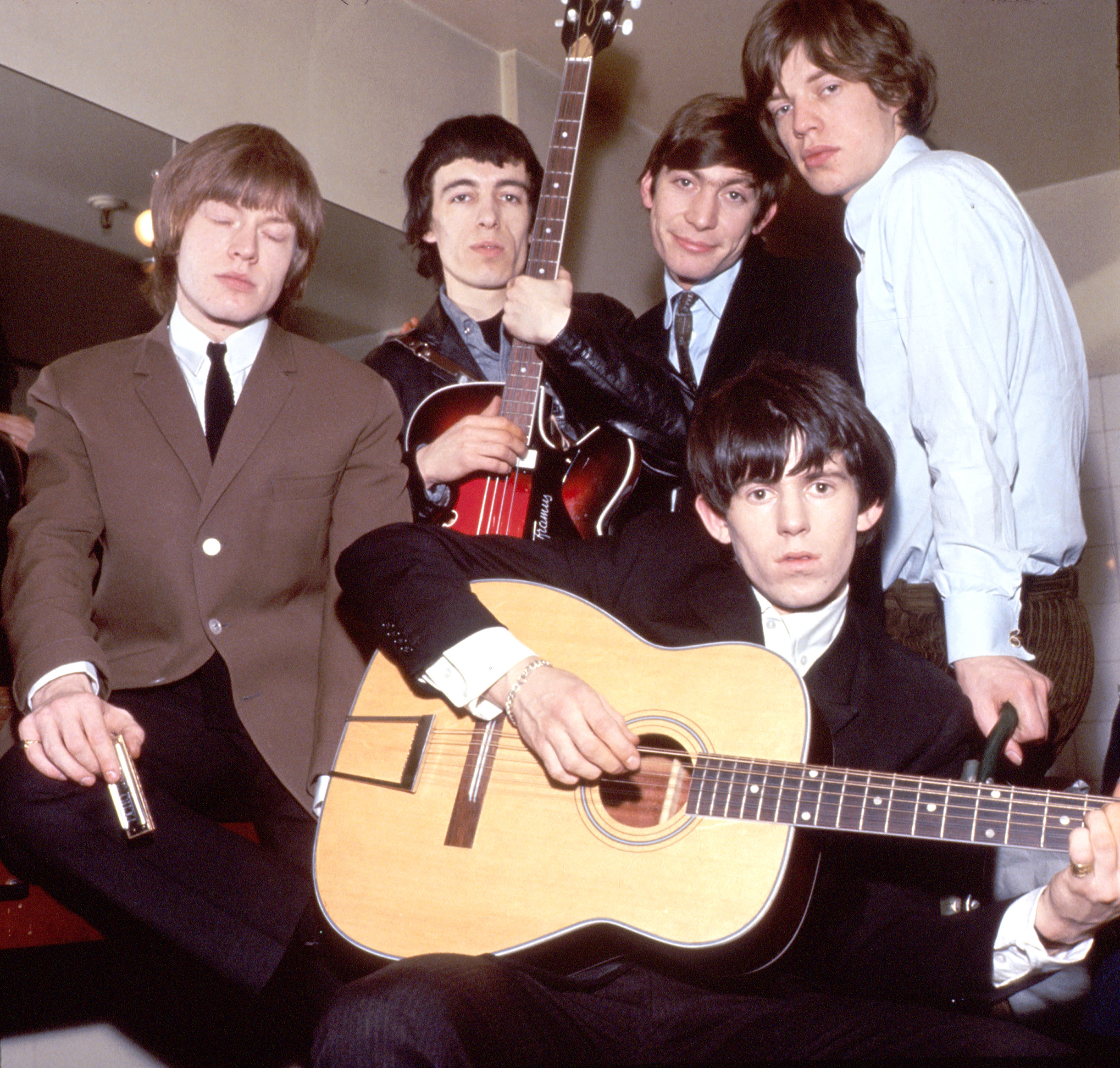 The Rolling Stones taken in the 1960's, from left to right, Brian Jones, Bill Wyman, Charlie Watts, Keith Richards and Mick Jagger.