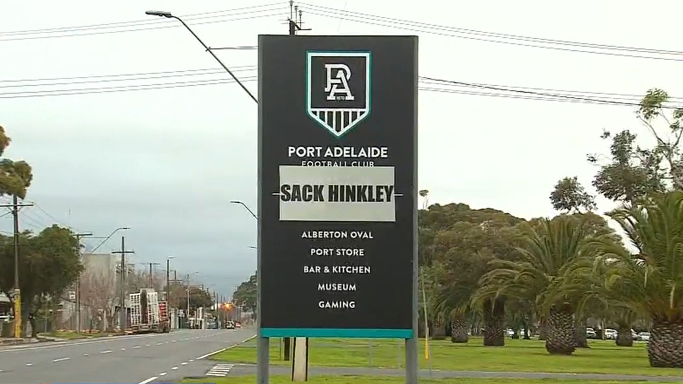 Ken Hinkley rants about vandal's 'sack Hinkley' sign outside Port Adelaide headquarters