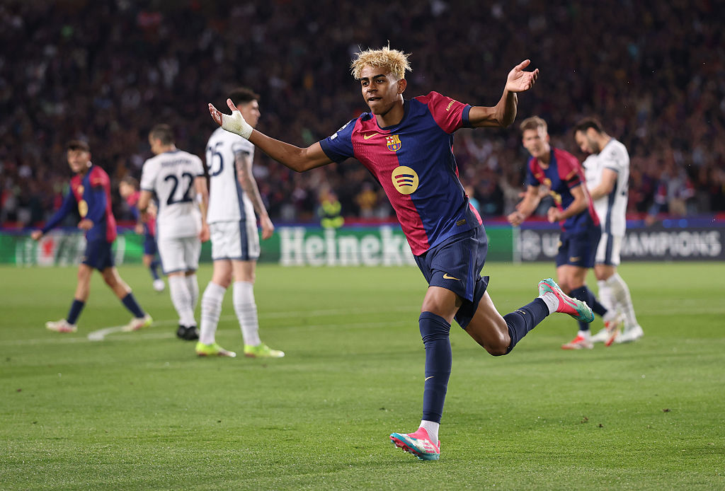 Lamine Yamal of Barcelona celebrates scoring.