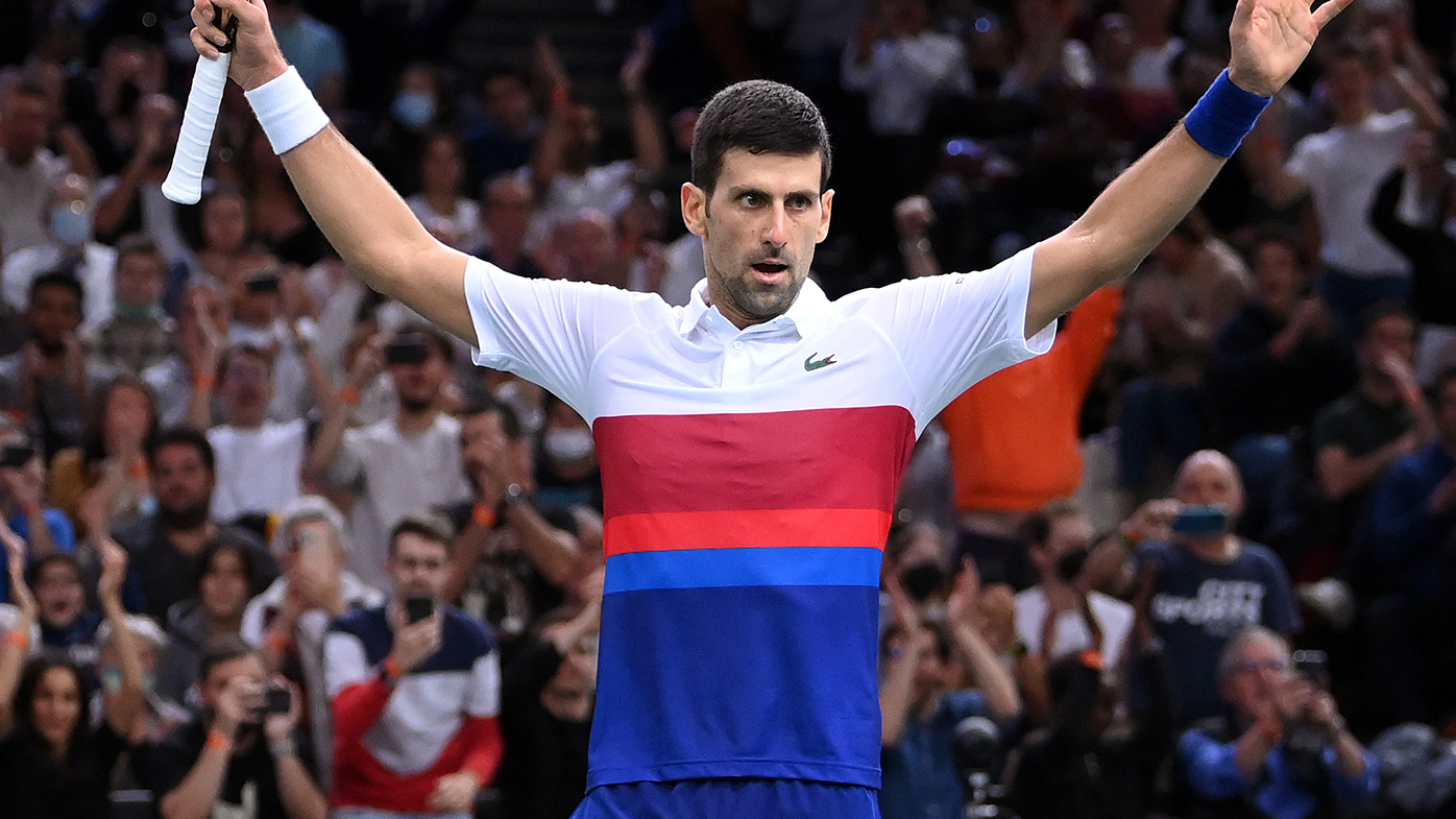Novak Djokovic of Serbia celebrates after winning match point in the men's singles final against Daniil Medvedev of Russia on day seven of the Paris Masters.