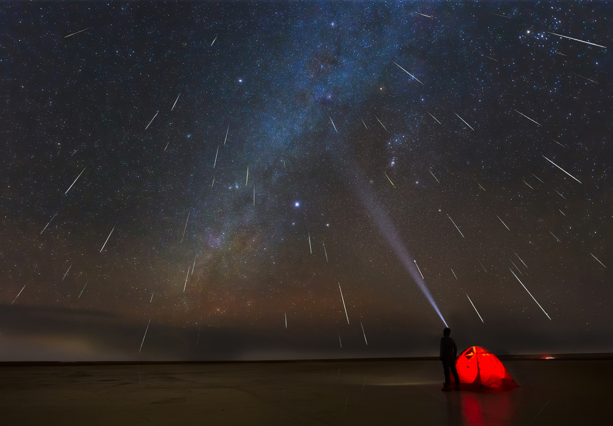 Geminids meteor shower in 2018 over lake in Erenhot, Inner Mongolia, China.