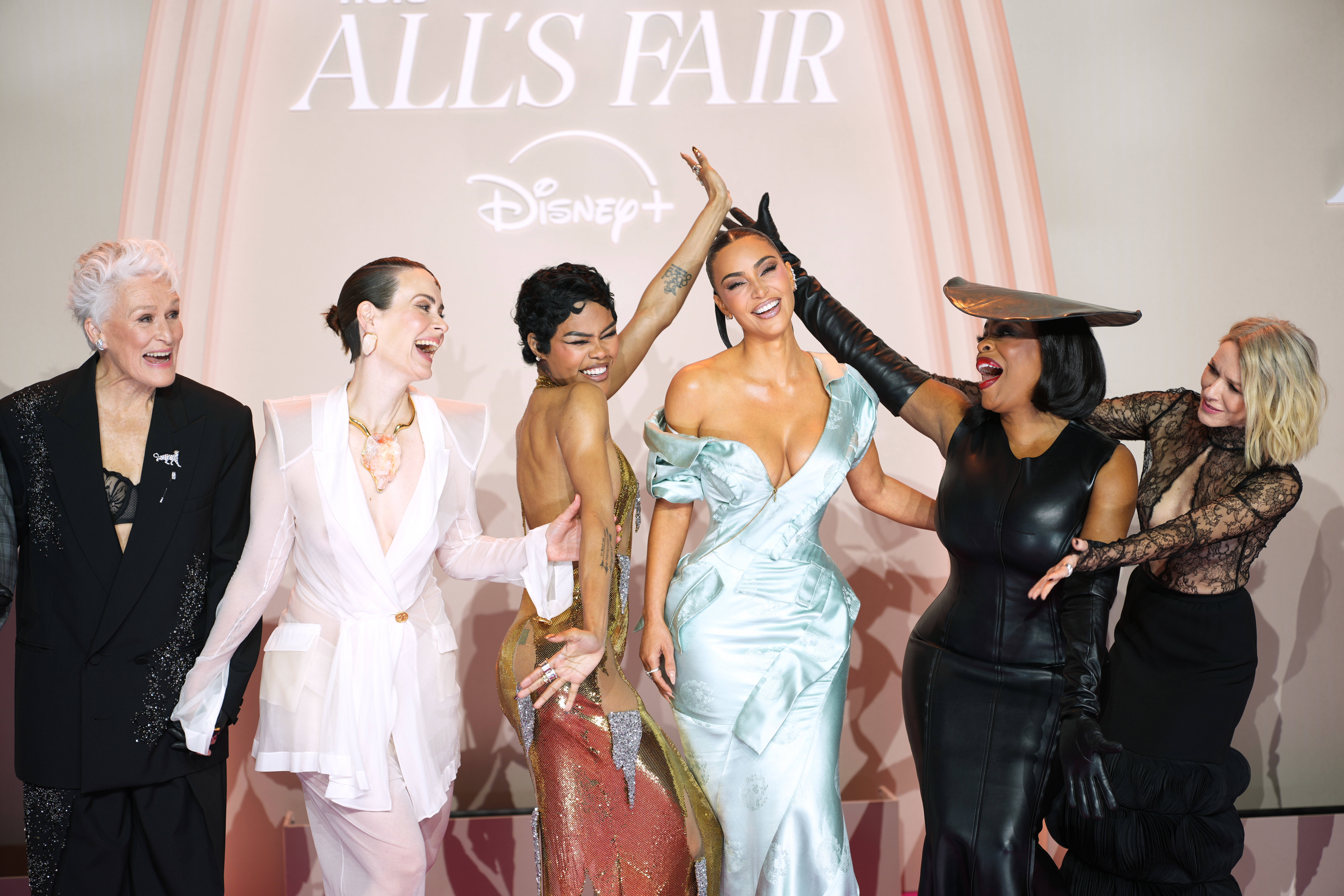  Glenn Close, Sarah Paulson, Teyana Taylor, Kim Kardashian, Niecy Nash-Betts, and Naomi Watts attend the "All's Fair" Disney+ Premiere  at Maison de La Chimie on October 21, 2025 in Paris, France. (Photo by Edward Berthelot/WireImage)