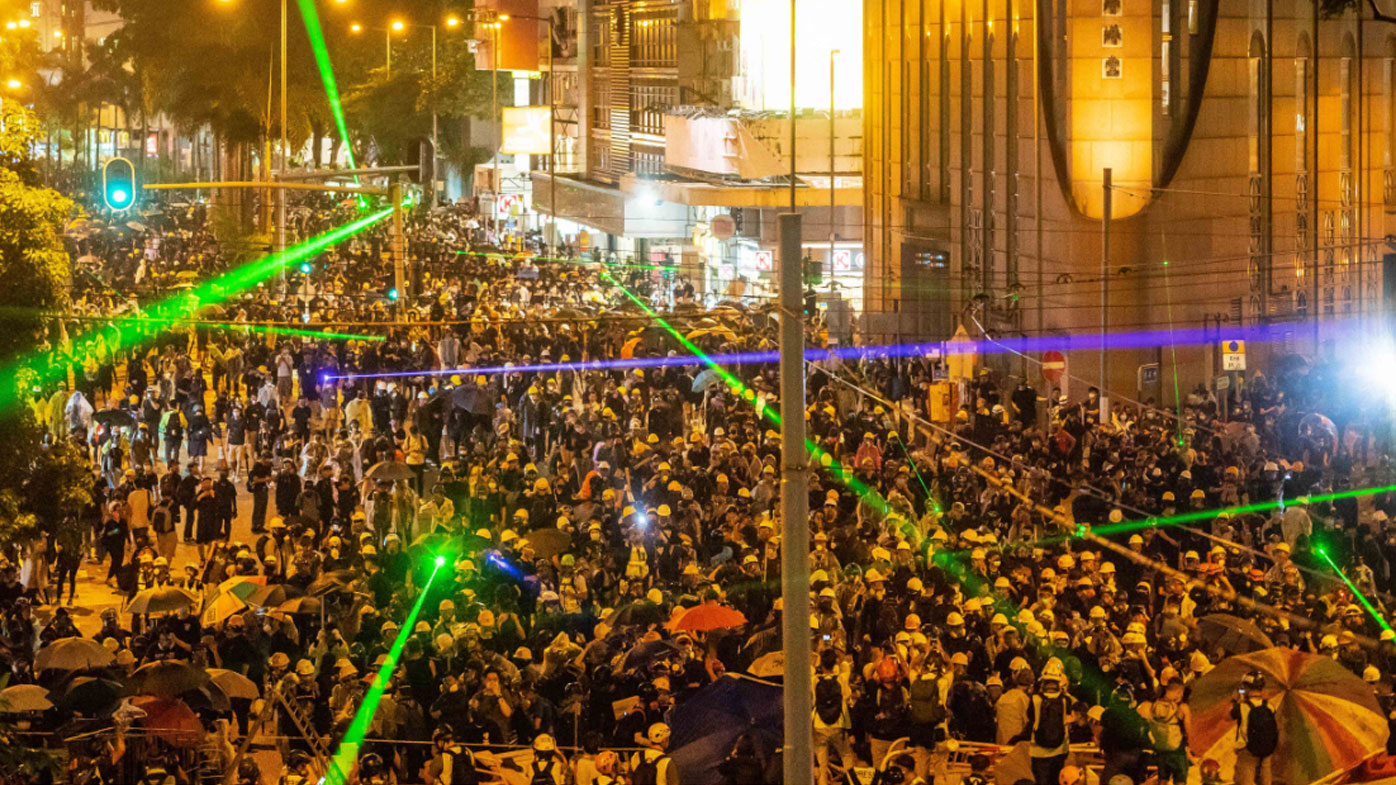 Lasers were used by protesters in Hong Kong.