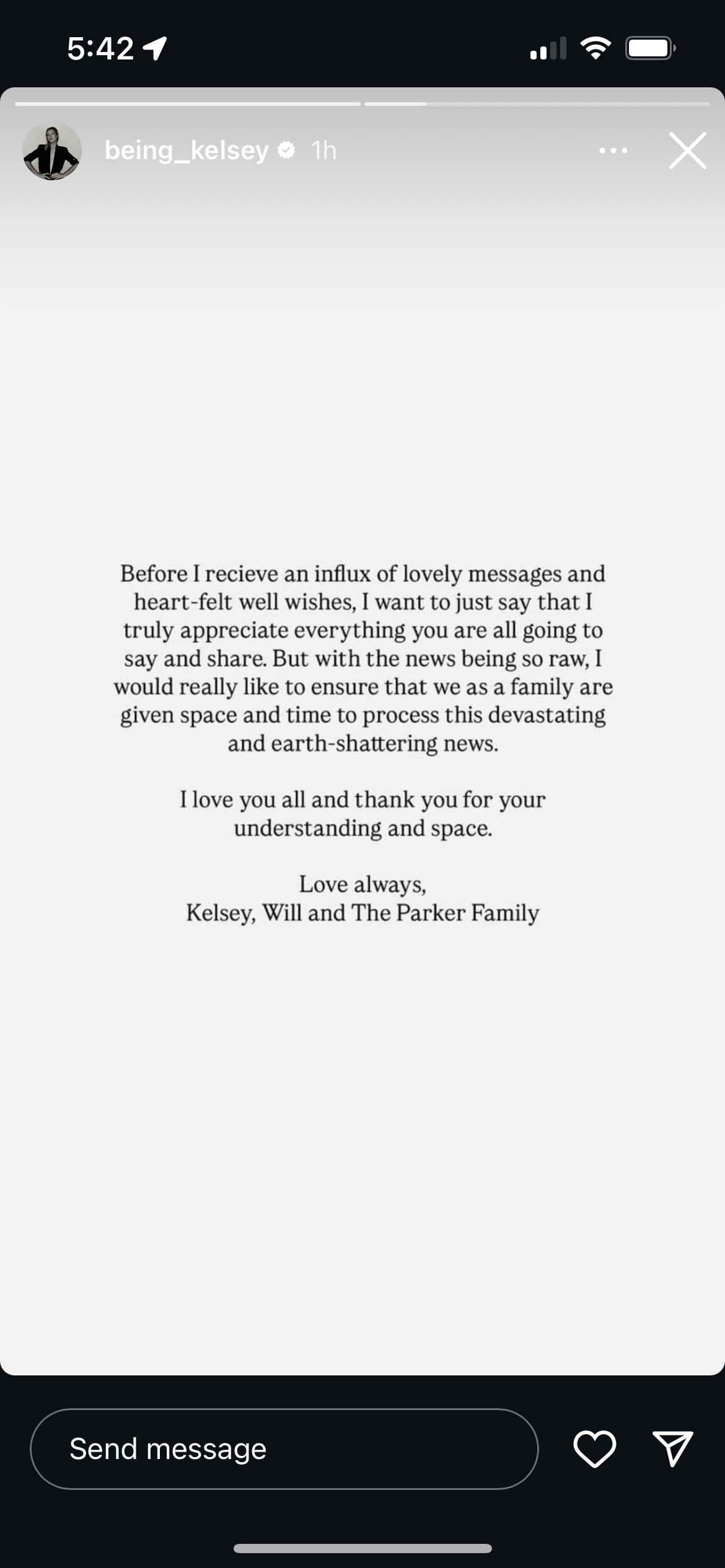 Kelsey Parker shares a statement to Instagram after third child was born stillborn. 