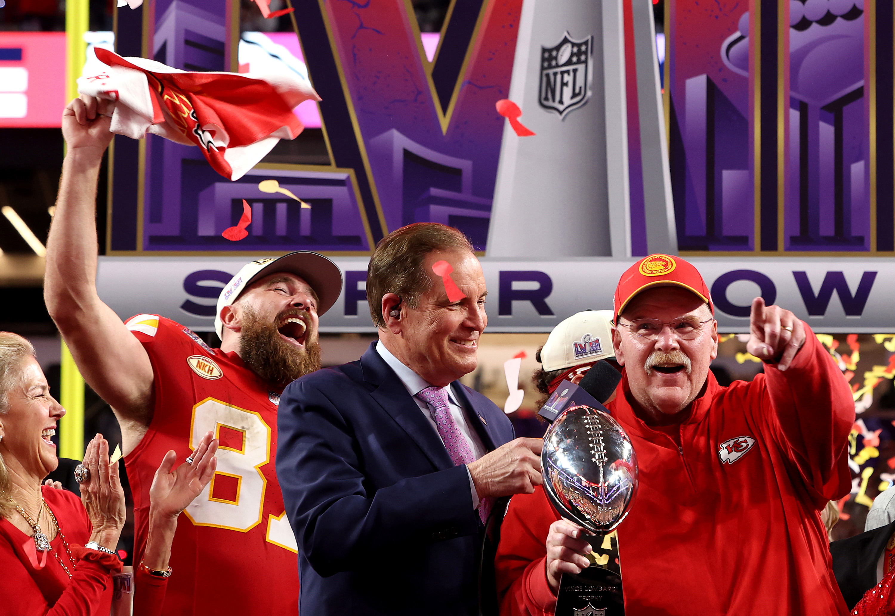 Travis Kelce #87 and Head coach Andy Reid of the Kansas City Chiefs react after defeating the San Francisco 49ers 25-22 during Super Bowl LVIII at Allegiant Stadium on February 11, 2024 in Las Vegas, Nevada. (Photo by Jamie Squire/Getty Images)