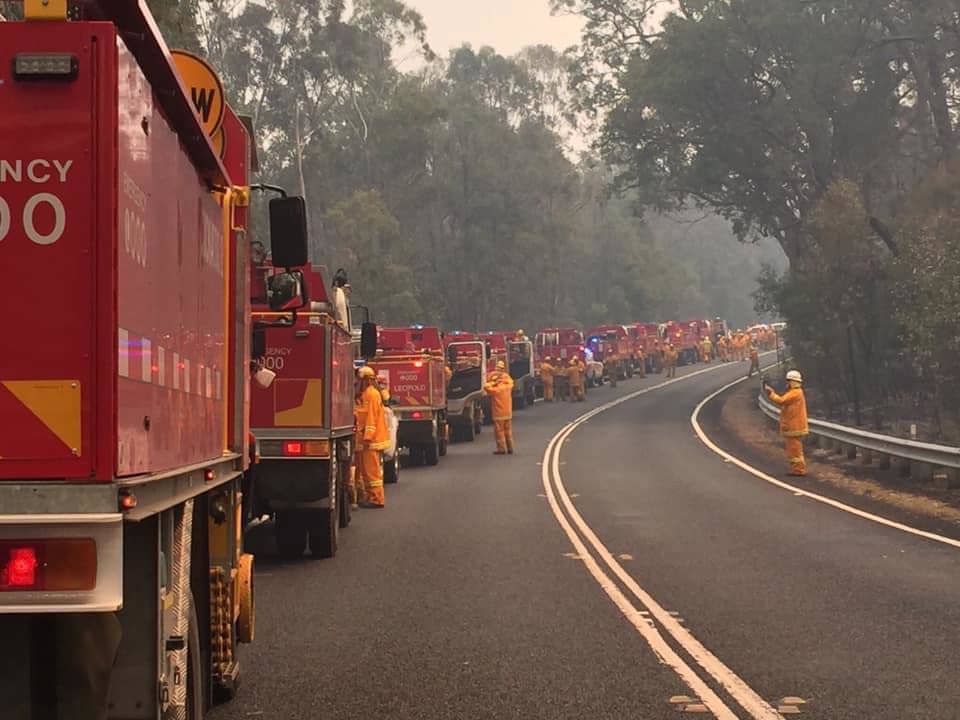 Country Fire Authority vehicles en-route to Gippsland on Sunday.