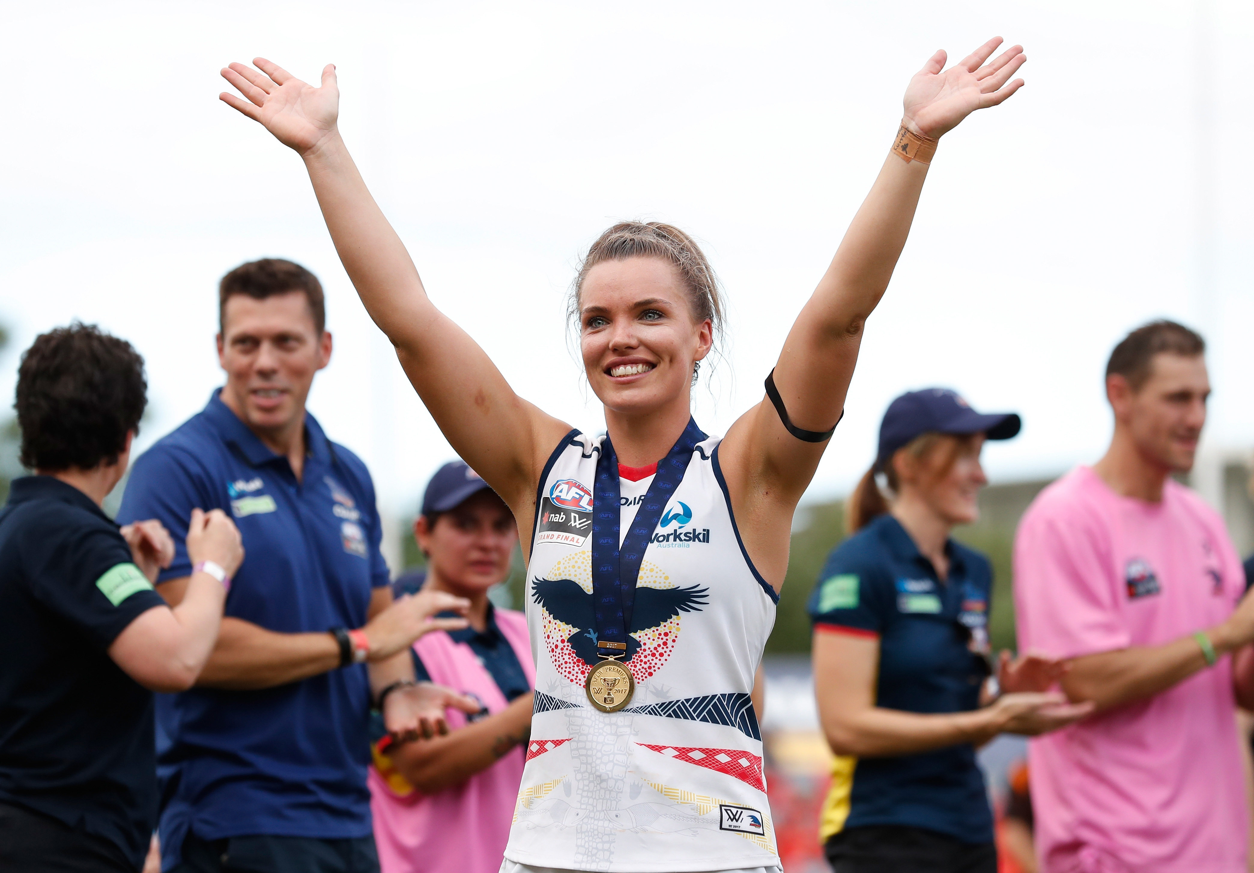 Abbey Holmes of the Crows celebrates following the 2017 AFLW grand final match.