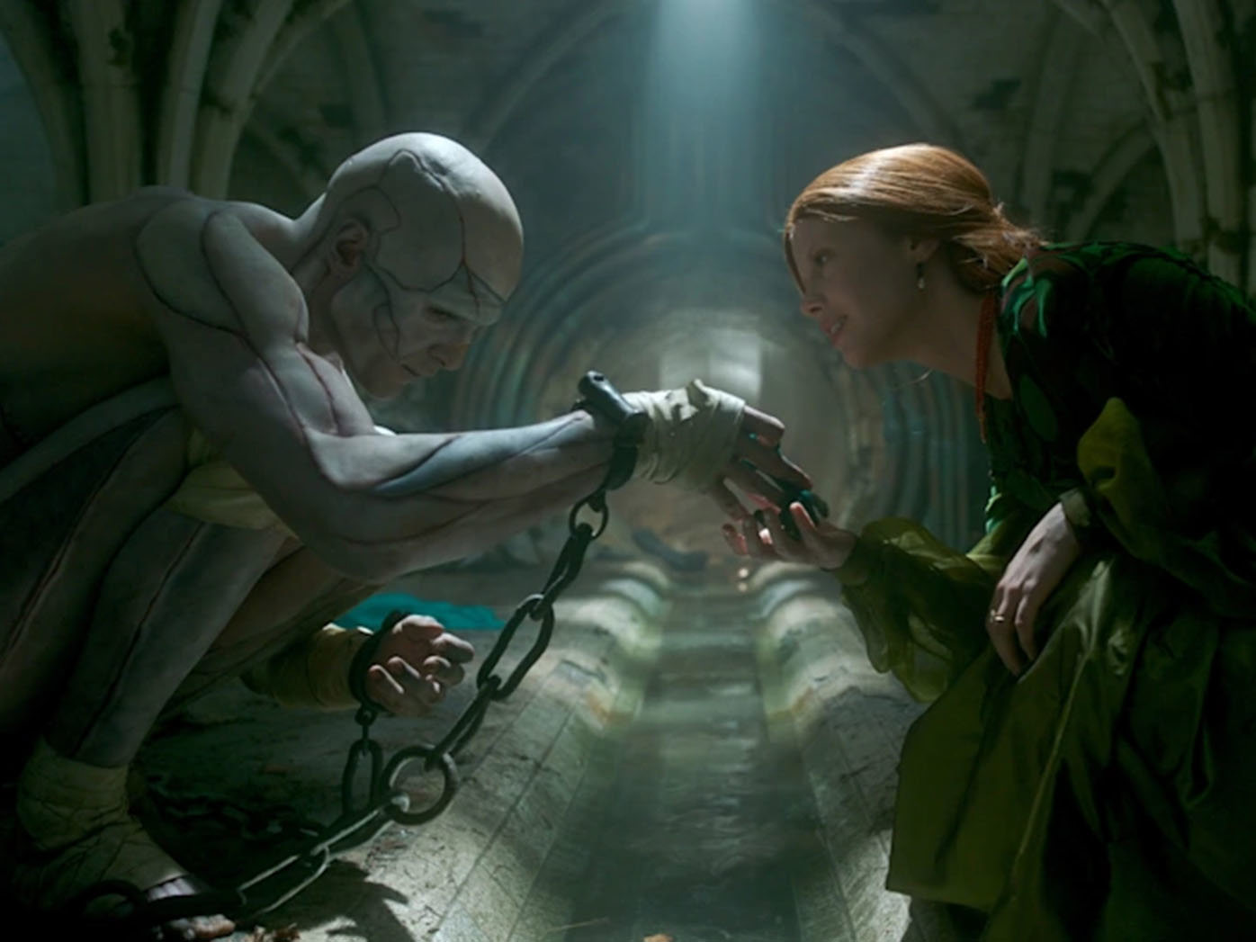 Jacob Elordi and Mia Goth as The Creature and Elizabeth in Guillermo del Toro's Frankenstein.