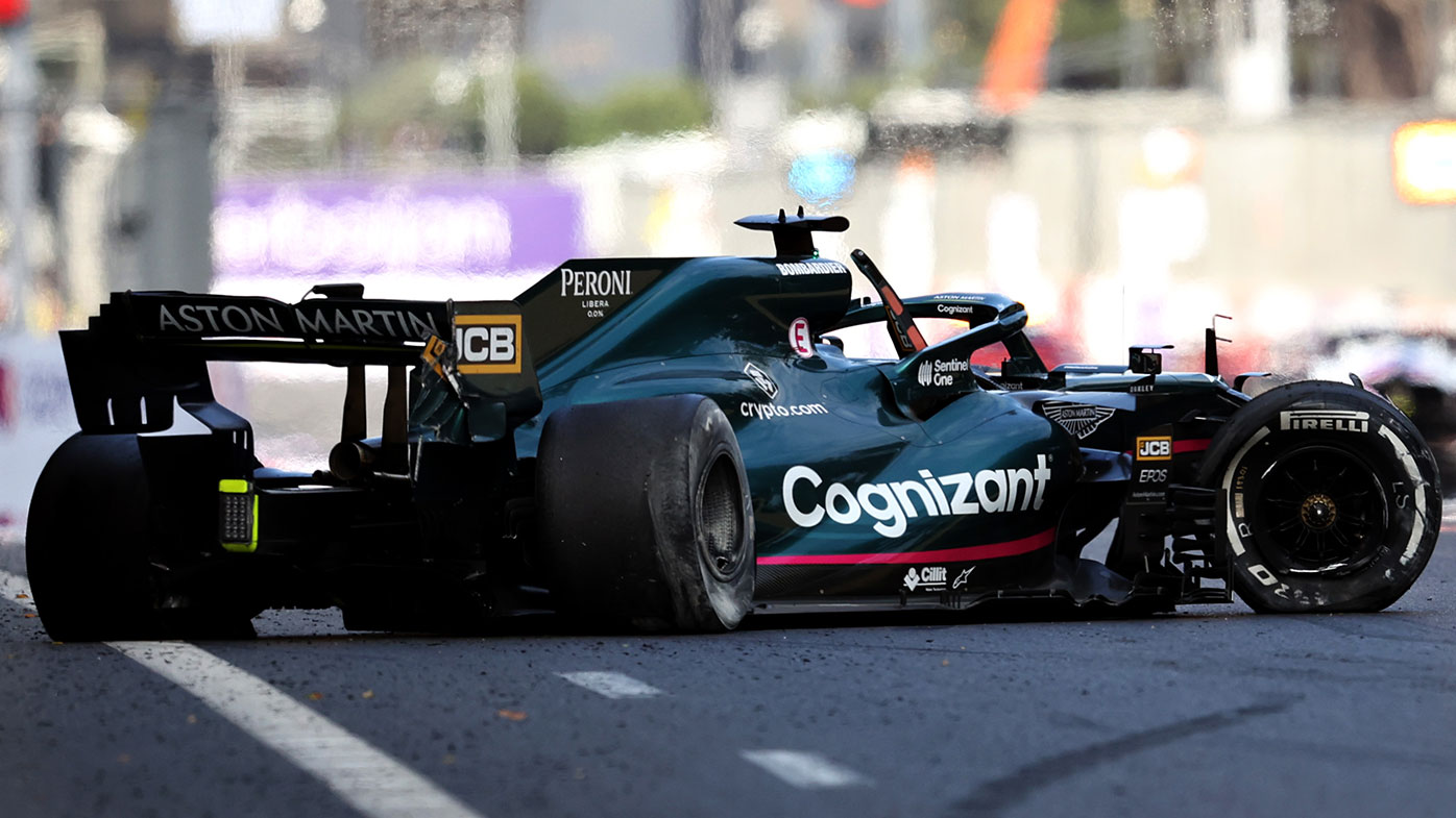Lance Stroll's Aston Martin after his left-rear tyre failed, sending him into the wall at the Azerbaijan Grand Prix.
