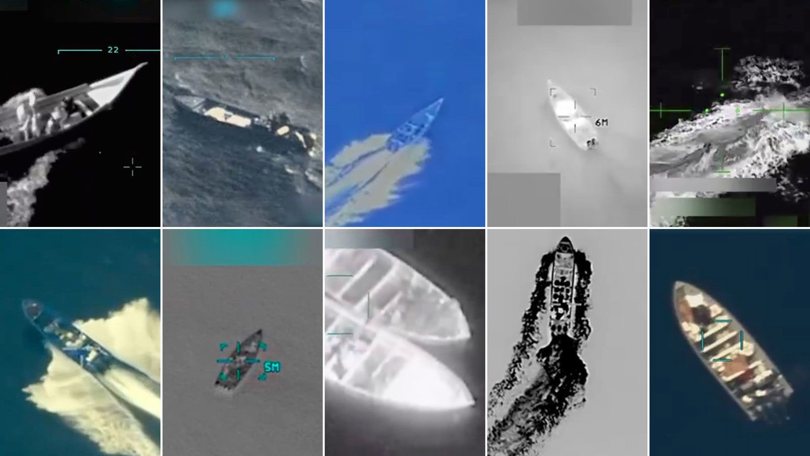 This grid of images shows 10 strikes carried out by the US military against boats alleged to be transporting drugs in international waters, from September 2 to October 29.