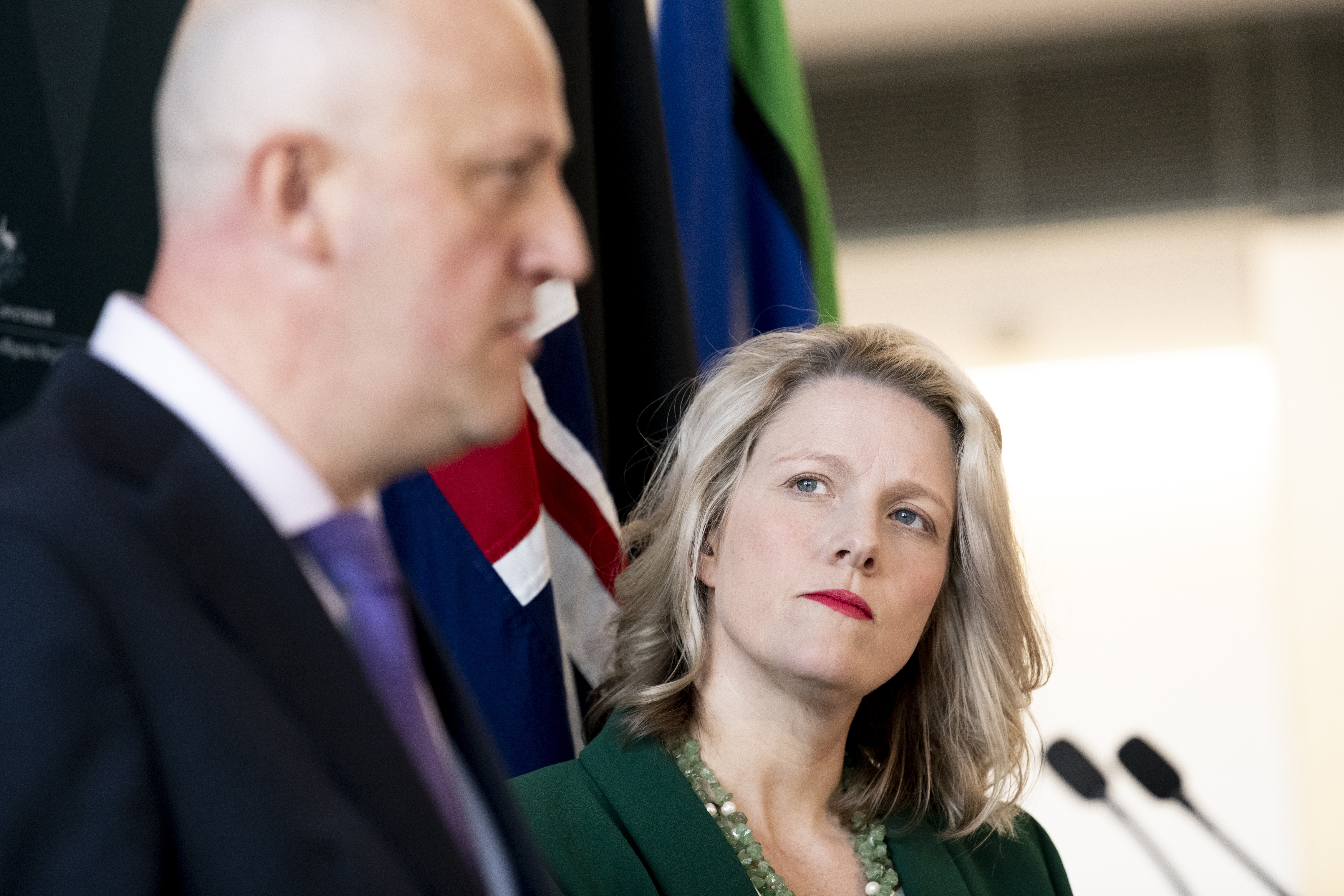 ASIO Director-general of security Mike Burgess and Minister for Home Affairs and Minister for Cyber Security Clare O'Neil addresses the media during a press conference.
