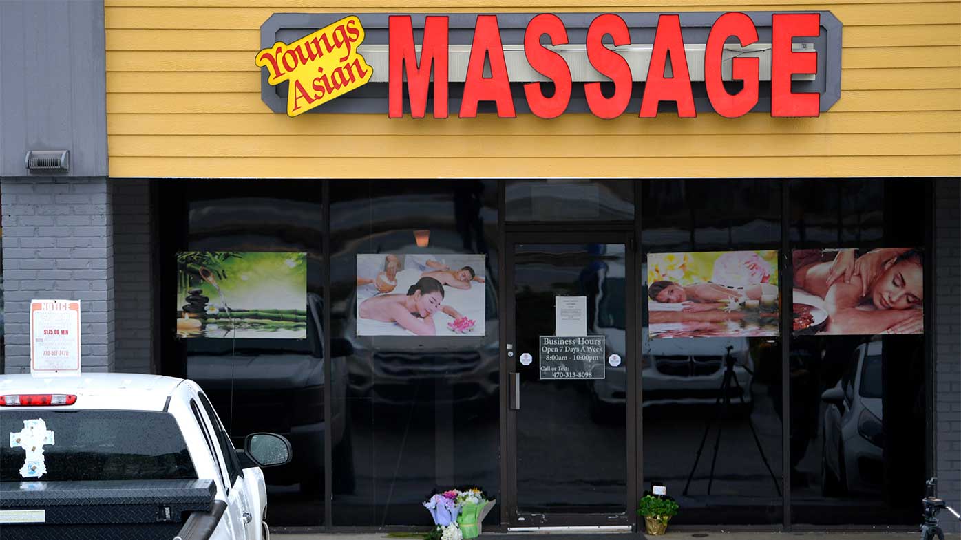A make-shift memorial is seen outside a massage parlour where several women, mostly Asian, were shot in Atlanta.