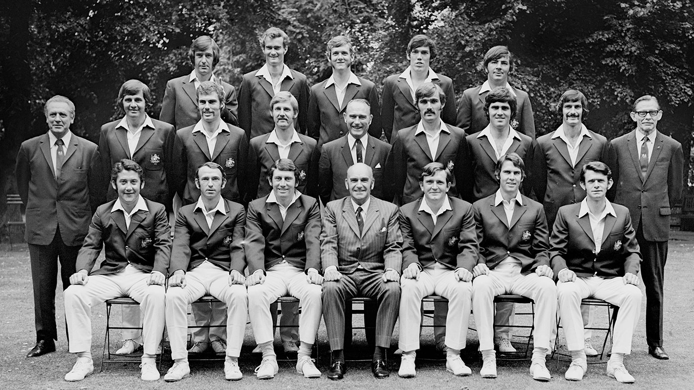 Australian Cricket Team - Old Trafford: L to R back - Graeme Watson, Ashley Malett, Bob Massie, G Hammond, Rod Marsh. centre row L to R - Pysiotherapist D. McErlane, Bruce Francis, Greg Chappell, Ross Edwards, Fred Bennett, assistant manager Paul Sheahan, David Colley, Dennis Lillee, D. Sherwood (scorer). Front L to R - Brian Taber, Doug Walters, Ian Chappell (captain), Ray Steele, manager Keith Stackpole, John Invararity, John Gleeson.