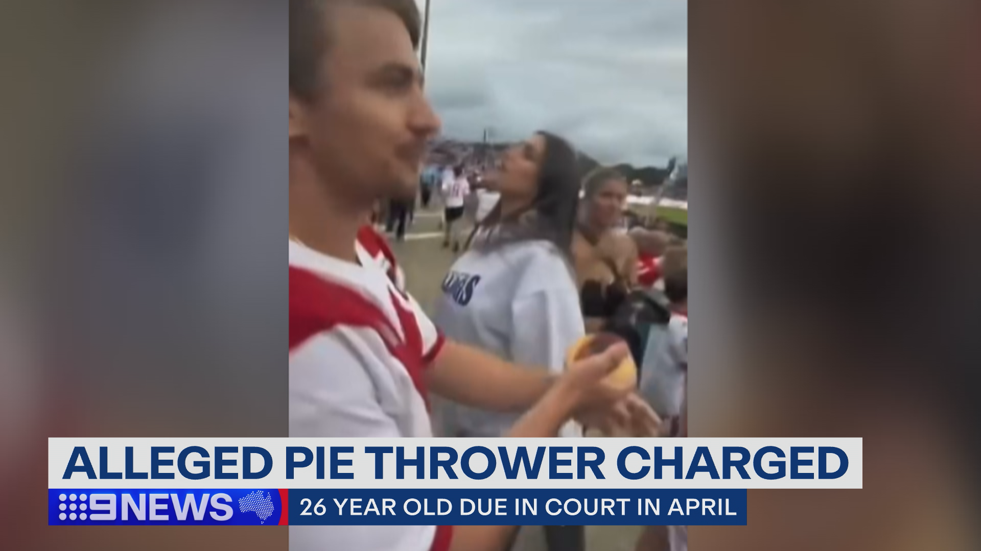 Alleged pie thrower charged, banned from future games.