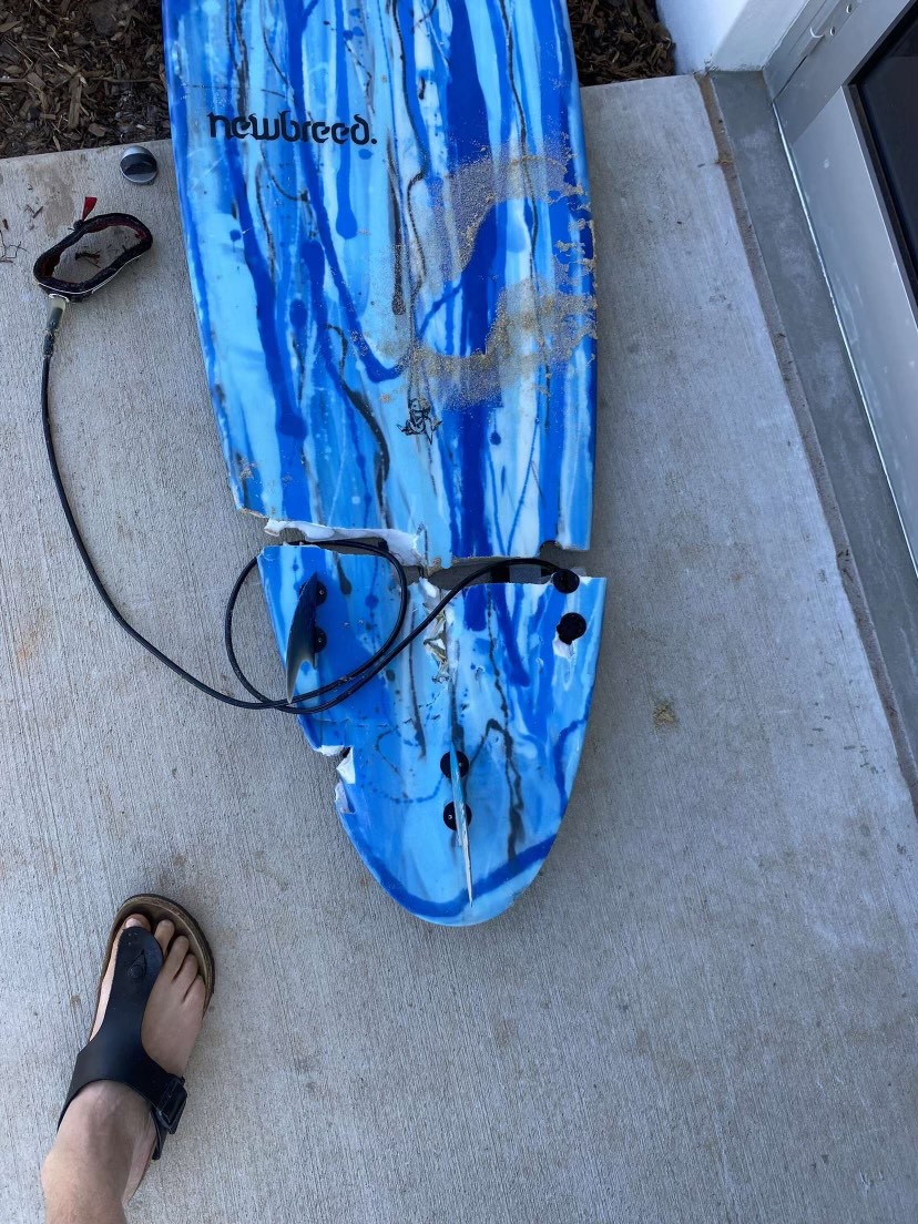 Toby Begg's board after he was attacked by a shark in Port Macquarie.