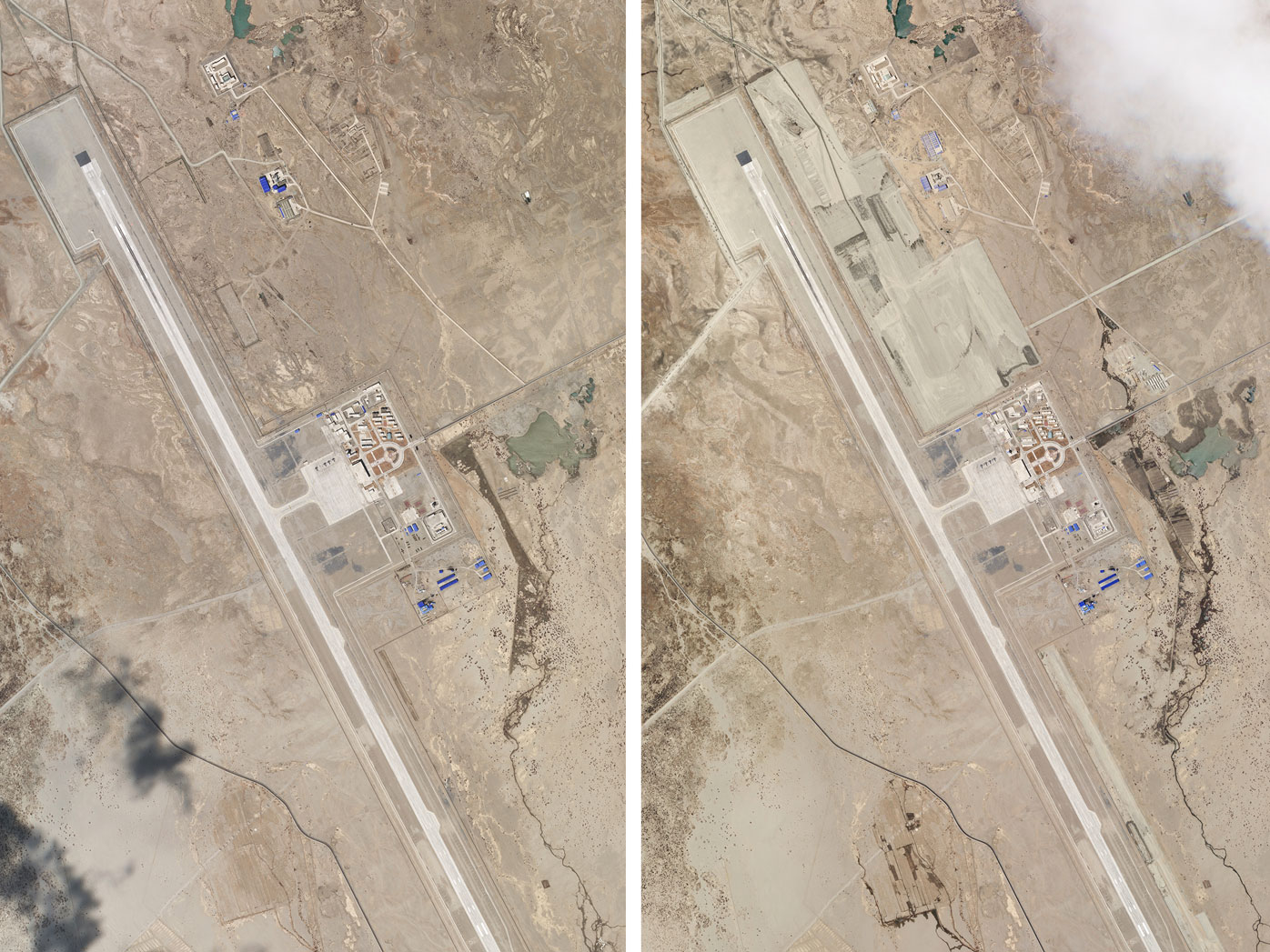 This combination of two satellite photos of the Ngari Günsa civil-military airport base taken on April 1, left, and May 17, 2020, near the border with India in far western region of Tibet in China show development around the airport. Tensions along the China-India border high in the Himalayas have flared again in recent weeks.