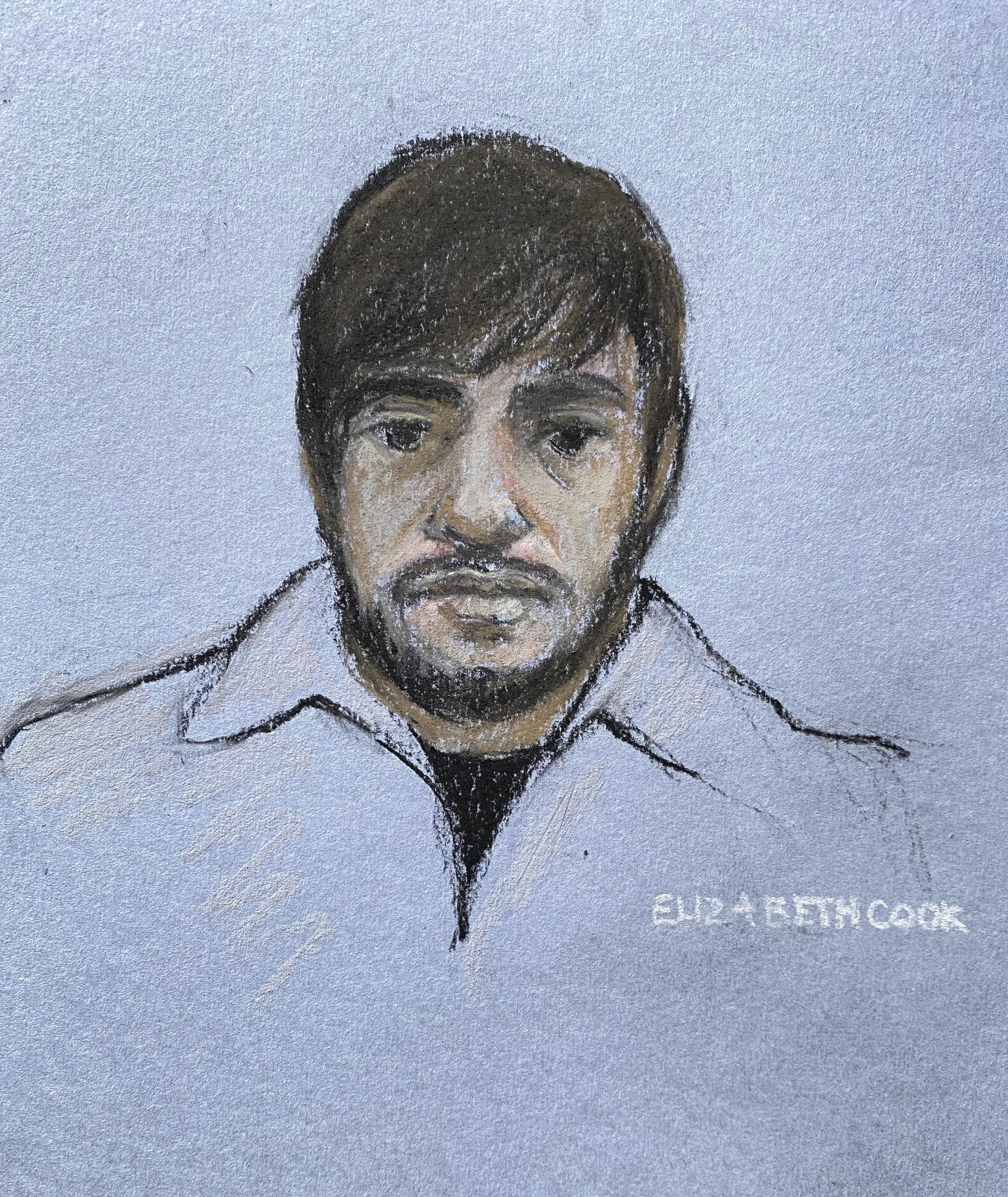 This court artist sketch by Elizabeth Cook shows Jaswant Singh Chail, 21, from Southampton, in the dock at the Old Bailey in London during a hearing at the court, Friday, Feb., 3, 2023. 